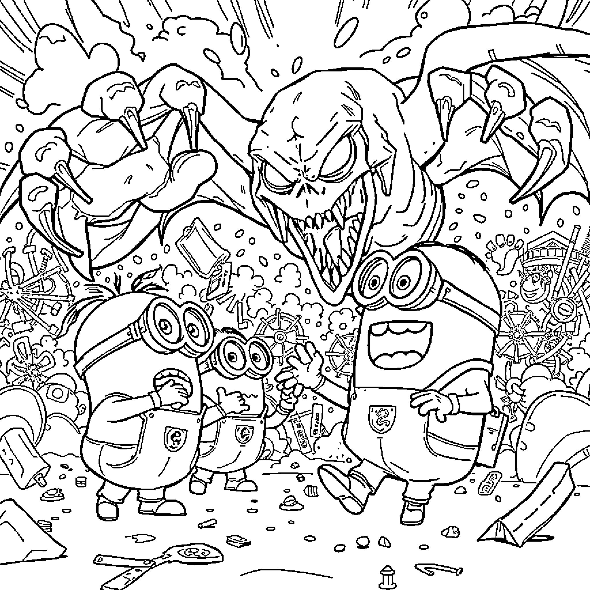 Minions facing a menacing monster in a chaotic scene Coloring Page (free black-and-white line drawing printable PDF for all, from beginners to advanced learners, including children, teens, adults, and seniors)