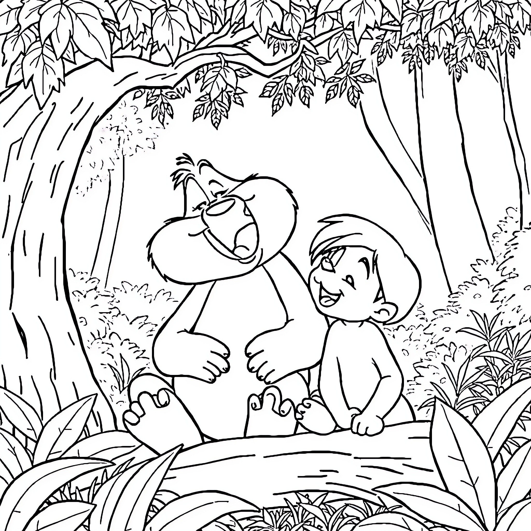 Baloo and Mowgli enjoying the jungle scenery Coloring Page (free black-and-white line drawing printable PDF for all, from beginners to advanced learners, including children, teens, adults, and seniors)