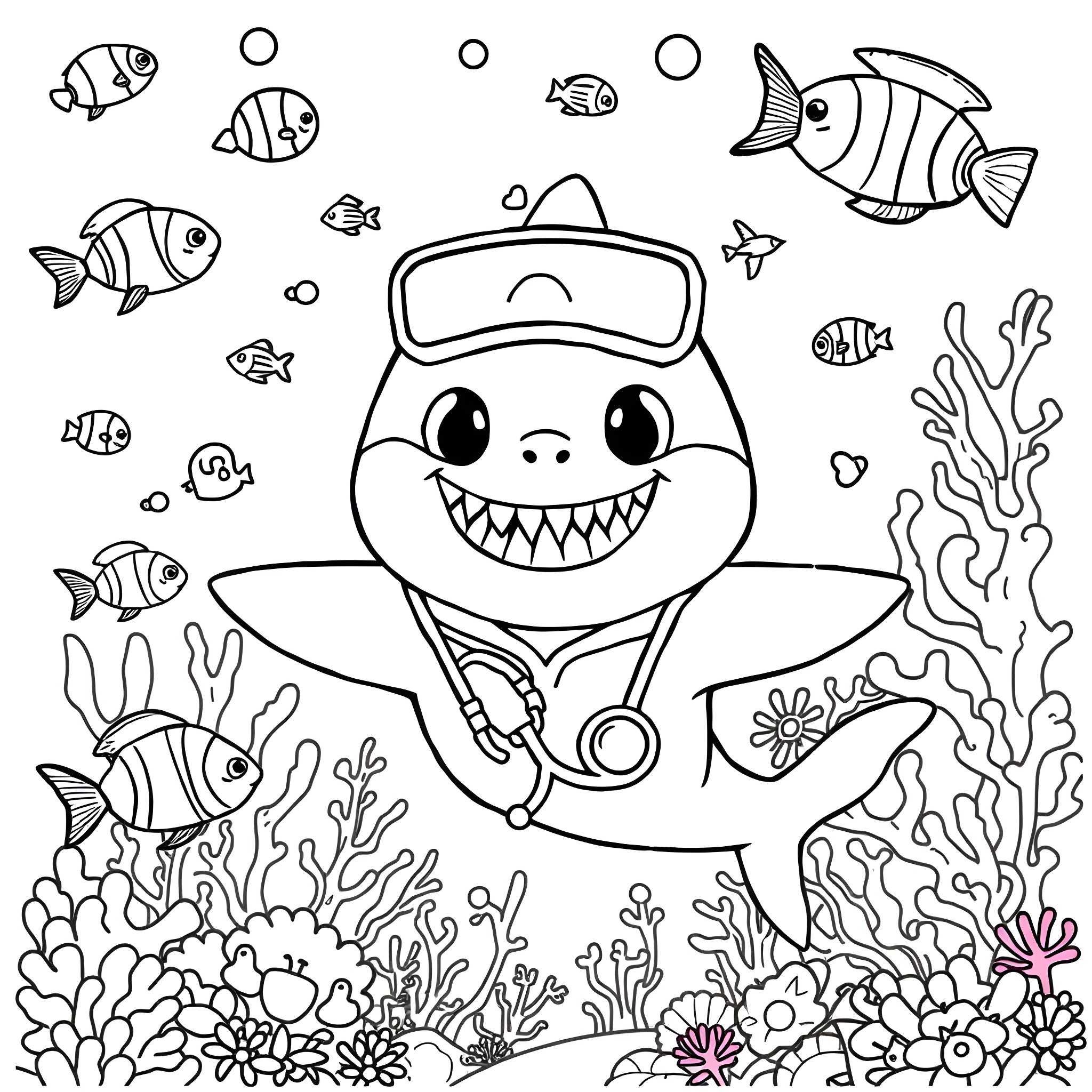 Baby Shark Exploring Underwater with Friends Coloring Page (free black-and-white line drawing printable PDF for all, from beginners to advanced learners, including children, teens, adults, and seniors)