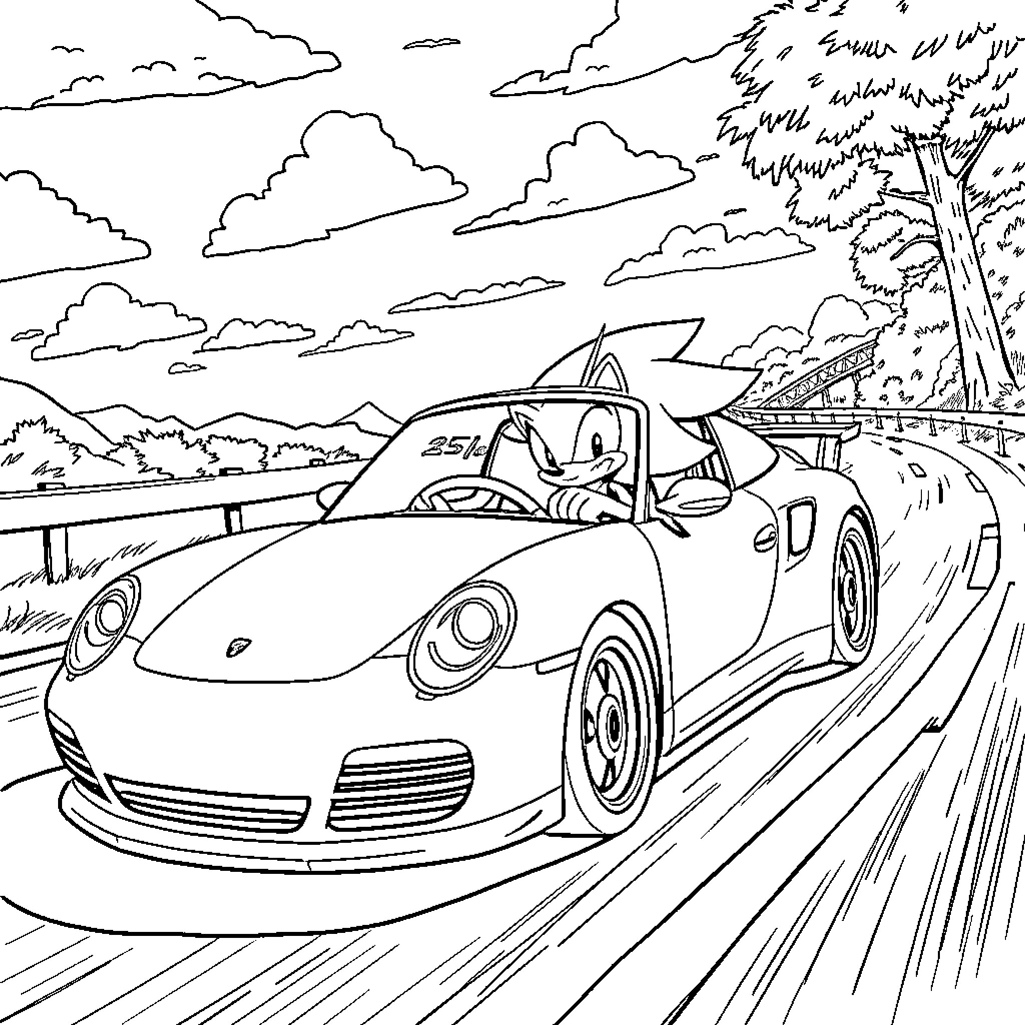 Sonic driving a fast sports car on a road Coloring Page (free black-and-white line drawing printable PDF for all, from beginners to advanced learners, including children, teens, adults, and seniors)