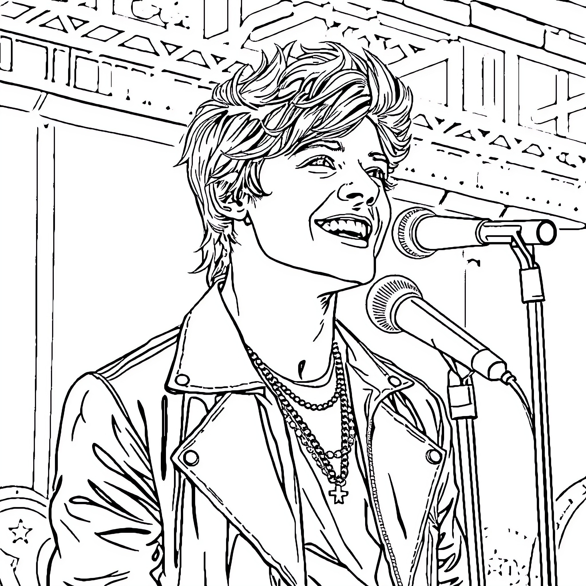 Harry Styles singing passionately on stage Coloring Page (free black-and-white line drawing printable PDF for all, from beginners to advanced learners, including children, teens, adults, and seniors)