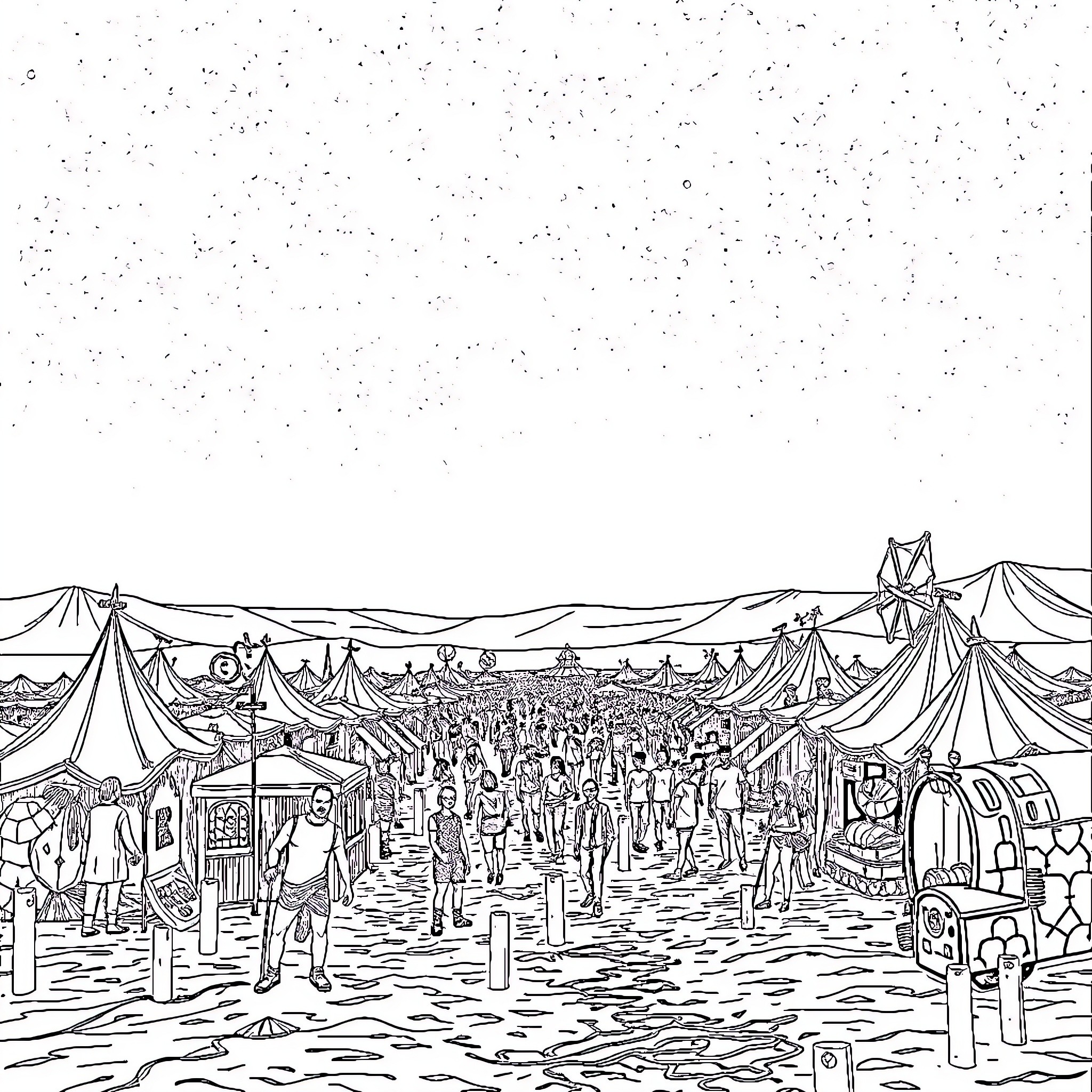 Burningman Gathering Amid Tents and Festivities Coloring Page (free black-and-white line drawing printable PDF for all, from beginners to advanced learners, including children, teens, adults, and seniors)