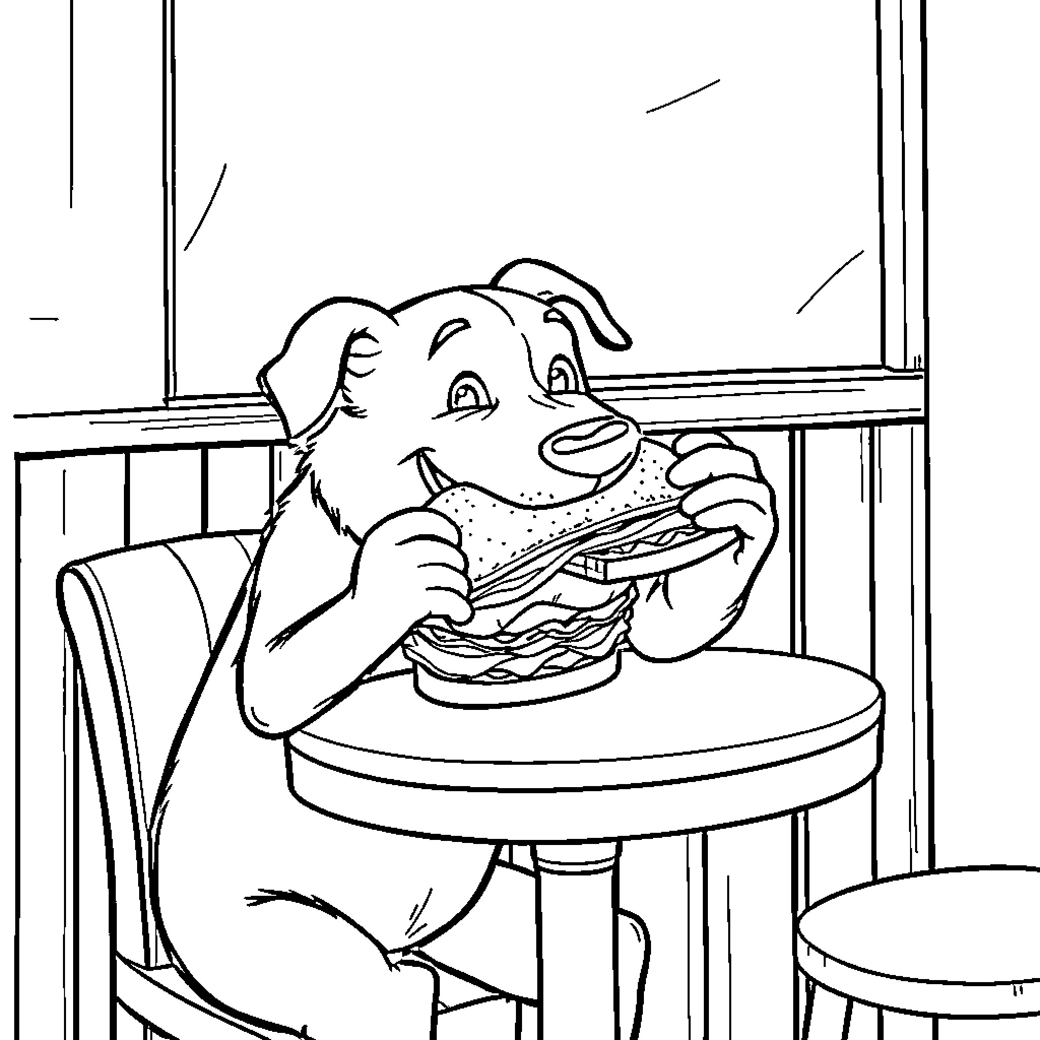 Dogman enjoying a hearty meal at the diner Coloring Page (free black-and-white line drawing printable PDF for all, from beginners to advanced learners, including children, teens, adults, and seniors)