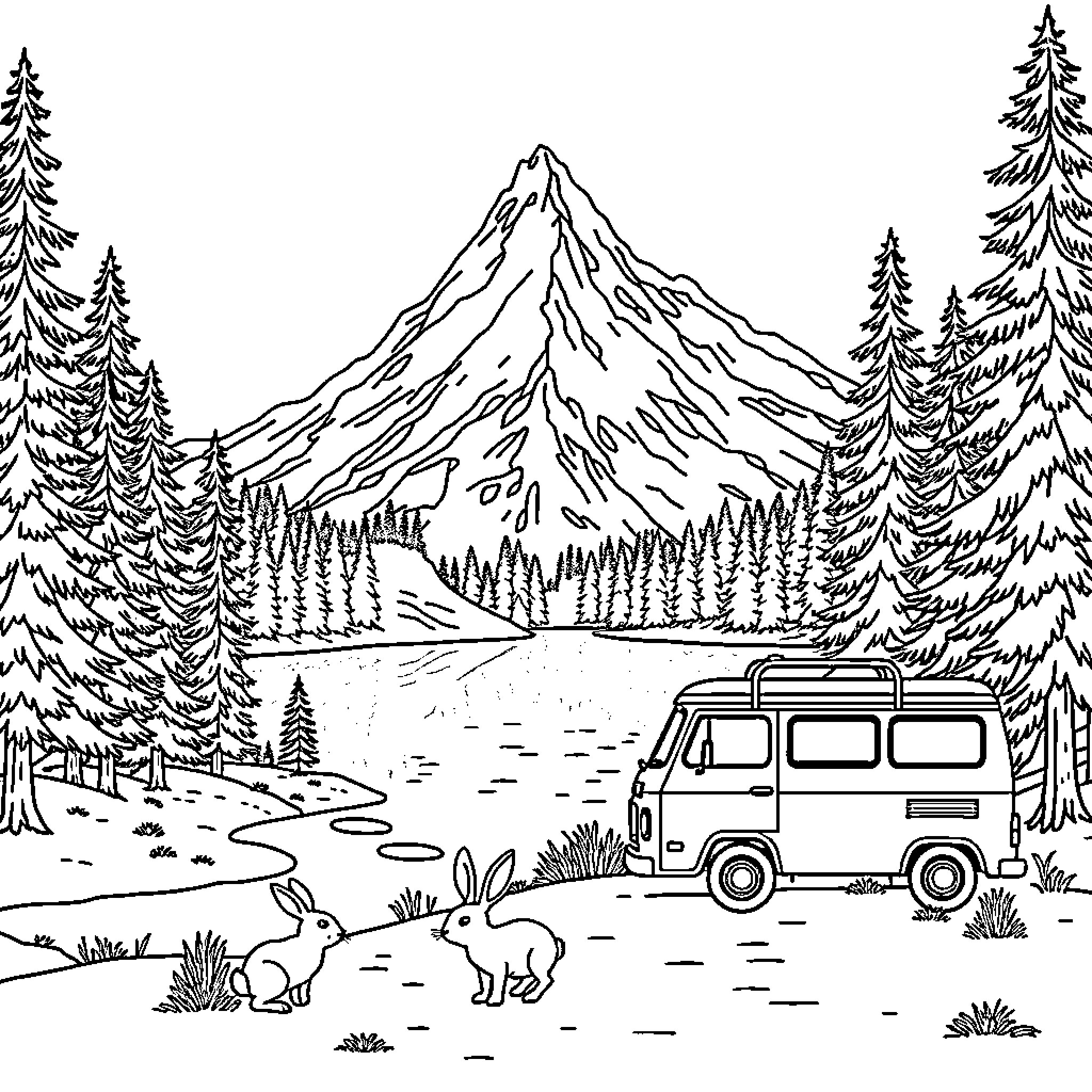 Rabbit adventure in the wilderness Coloring Page (free black-and-white line drawing printable PDF for all, from beginners to advanced learners, including children, teens, adults, and seniors)
