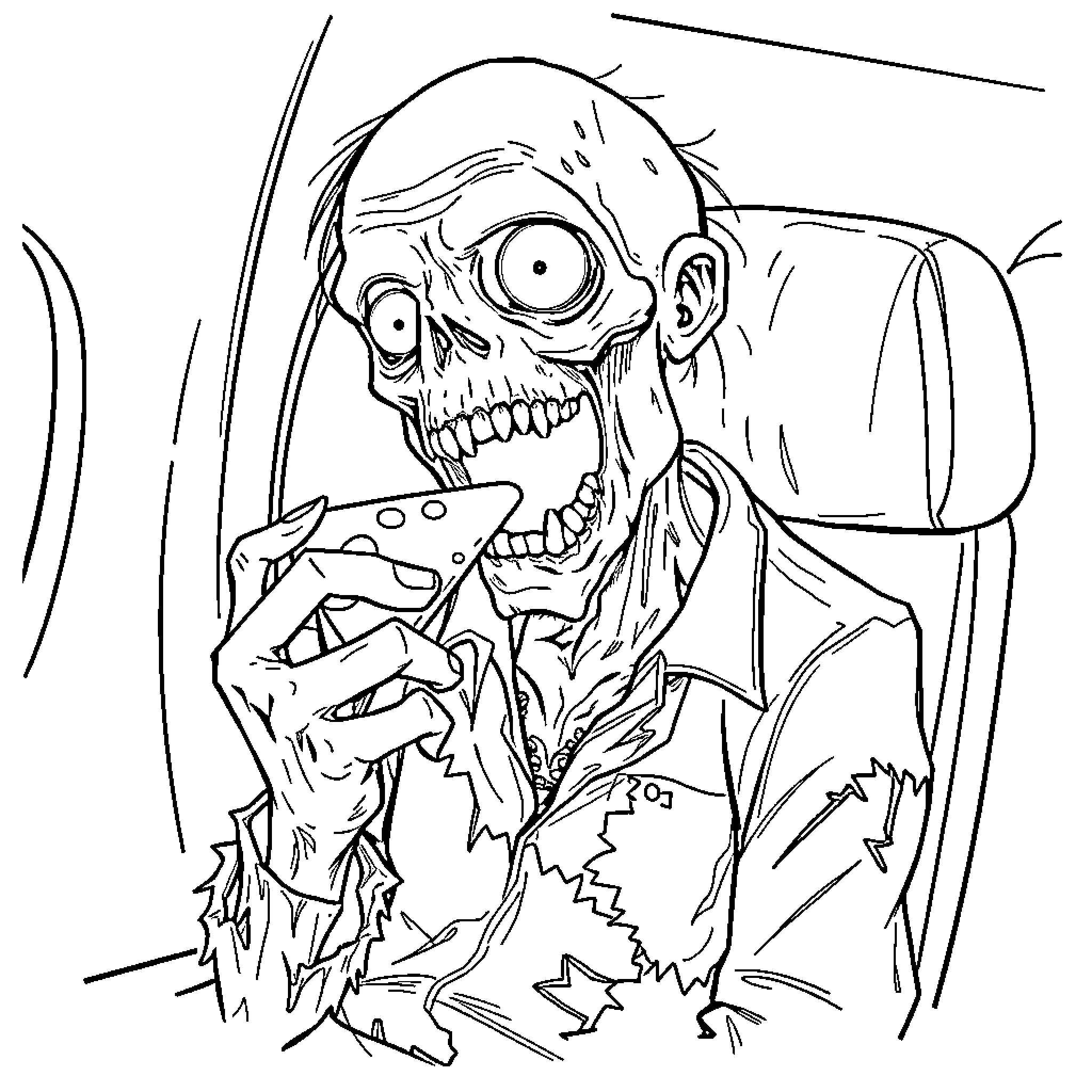 Zombie attacking with gruesome expression Coloring Page (free black-and-white line drawing printable PDF for all, from beginners to advanced learners, including children, teens, adults, and seniors)