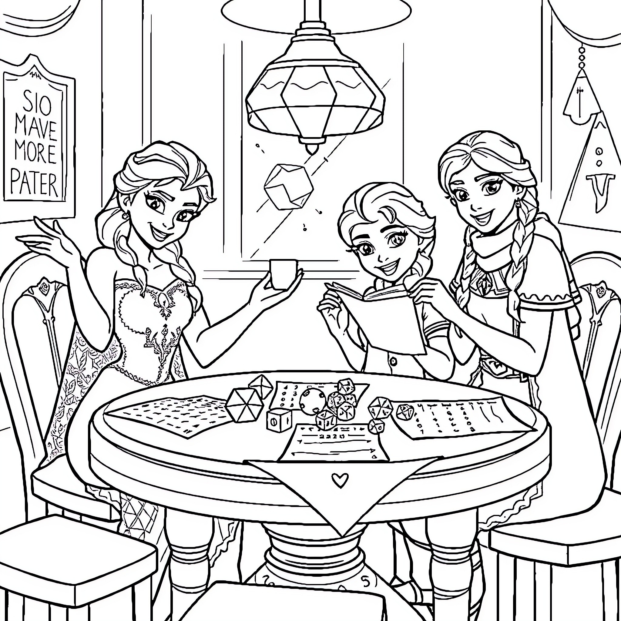 Elsa and Anna Enjoying a Crafting Session Coloring Page (free black-and-white line drawing printable PDF for all, from beginners to advanced learners, including children, teens, adults, and seniors)