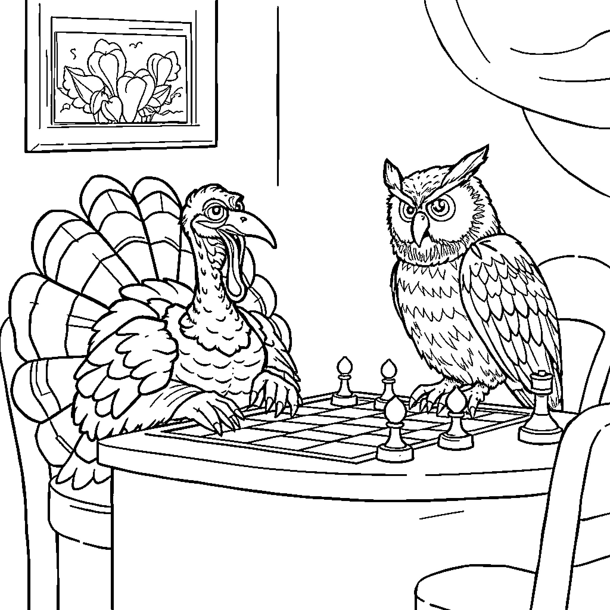 Turkey playing chess with an owl Coloring Page (free black-and-white line drawing printable PDF for all, from beginners to advanced learners, including children, teens, adults, and seniors)