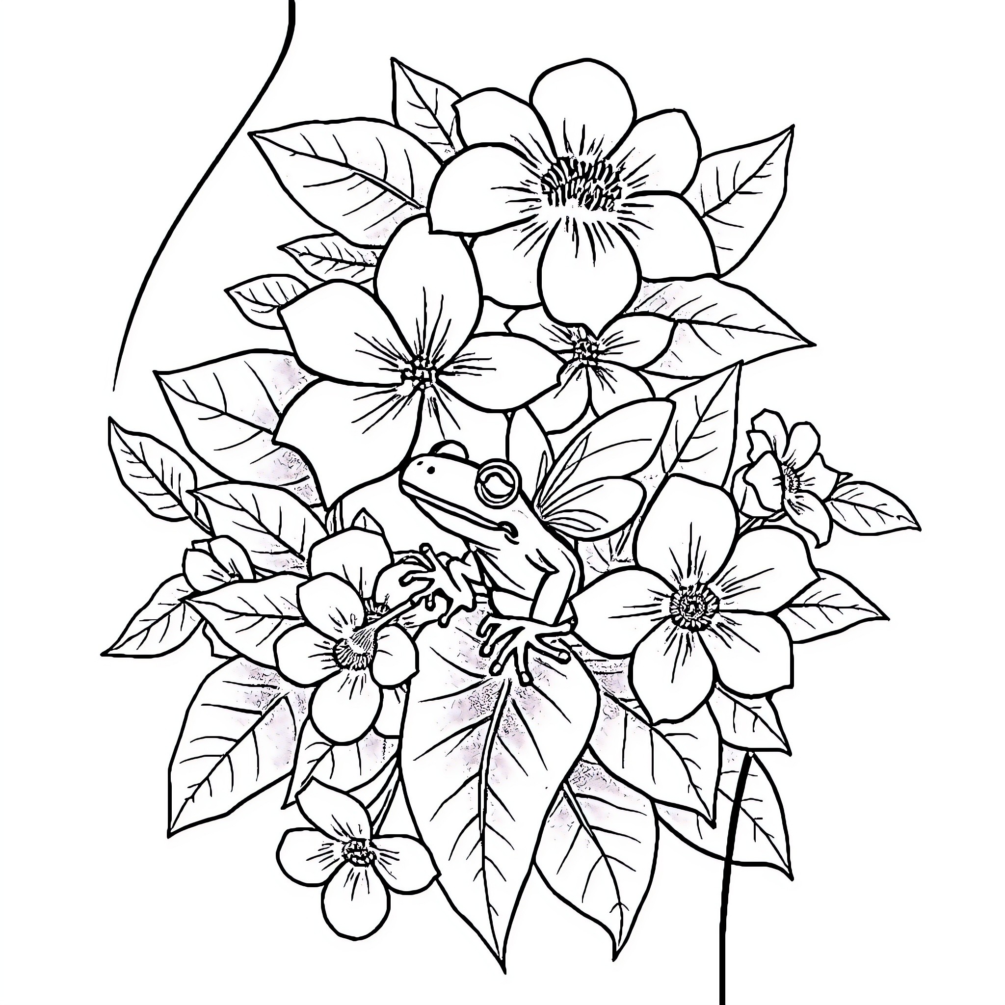 Tattoo of Frog among Floral Arrangement Coloring Page (free black-and-white line drawing printable PDF for all, from beginners to advanced learners, including children, teens, adults, and seniors)
