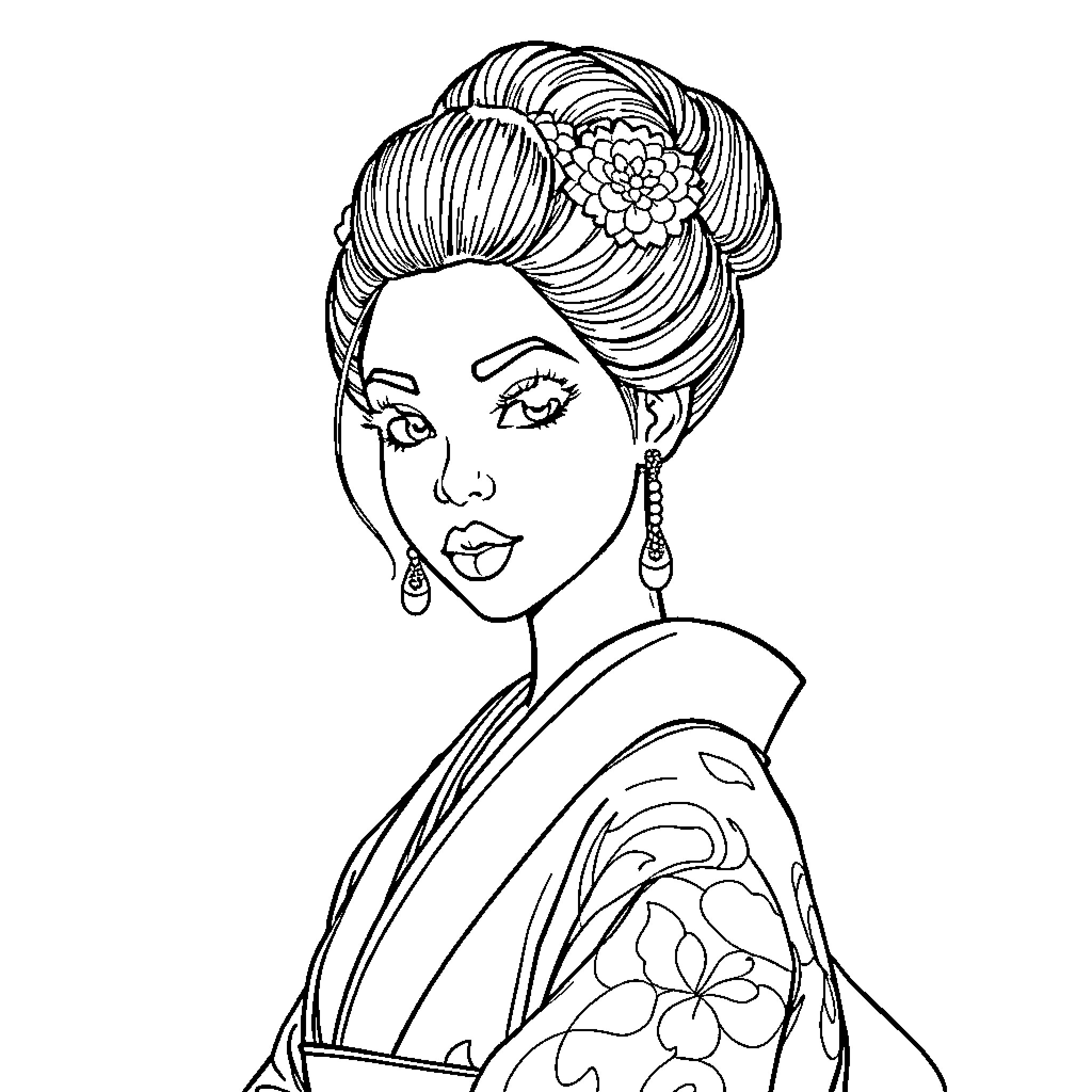 Geisha with intricate hairstyle and ornate kimono Coloring Page (free black-and-white line drawing printable PDF for all, from beginners to advanced learners, including children, teens, adults, and seniors)