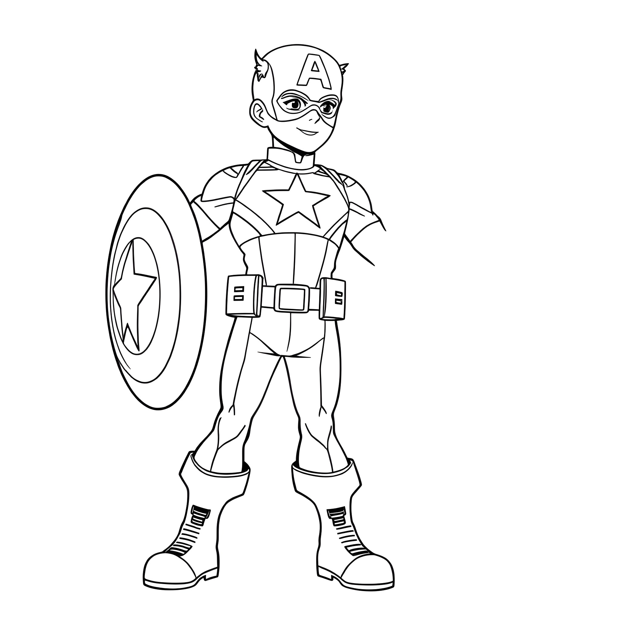 Captain America Jr. in heroic pose with shield Coloring Page (free black-and-white line drawing printable PDF for all, from beginners to advanced learners, including children, teens, adults, and seniors)
