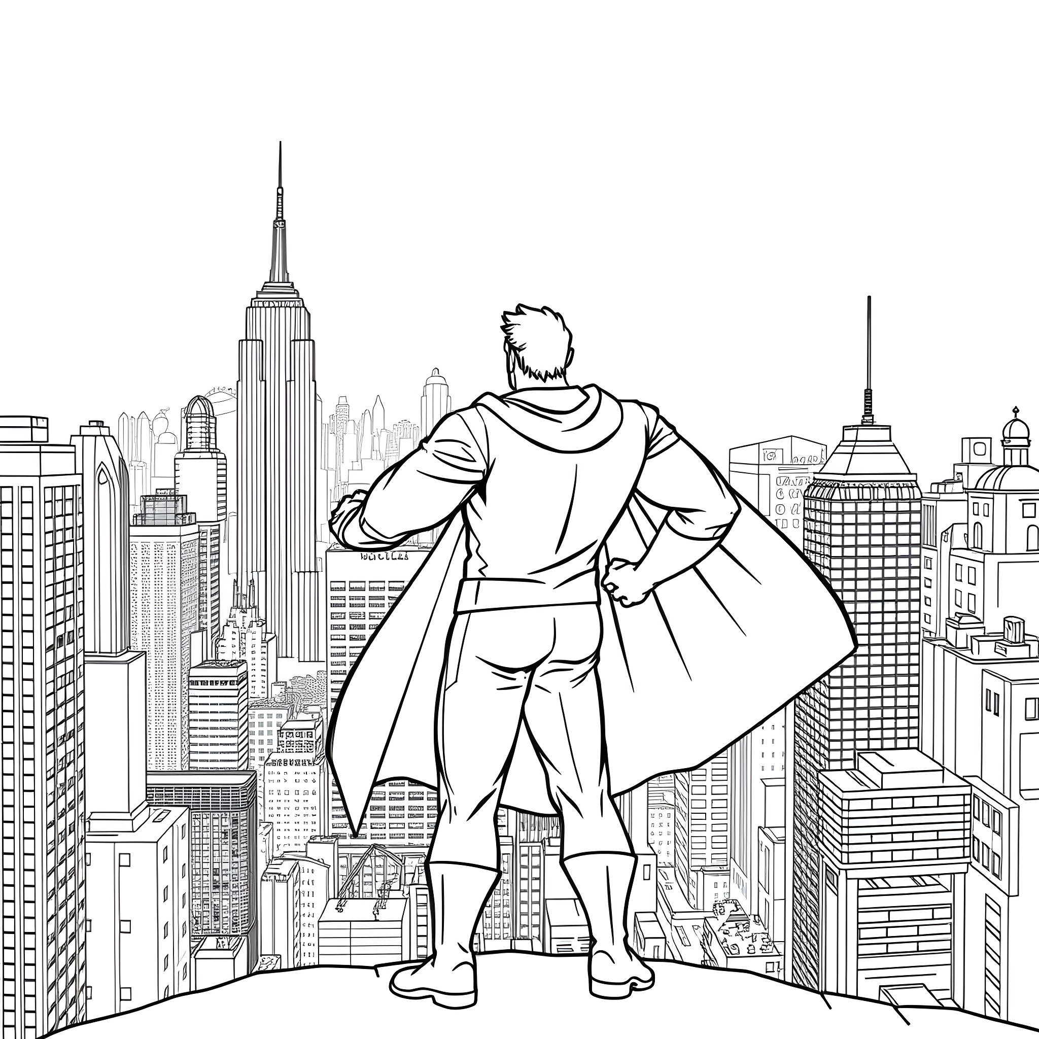 Edgar overlooking the city skyline Coloring Page (free black-and-white line drawing printable PDF for all, from beginners to advanced learners, including children, teens, adults, and seniors)