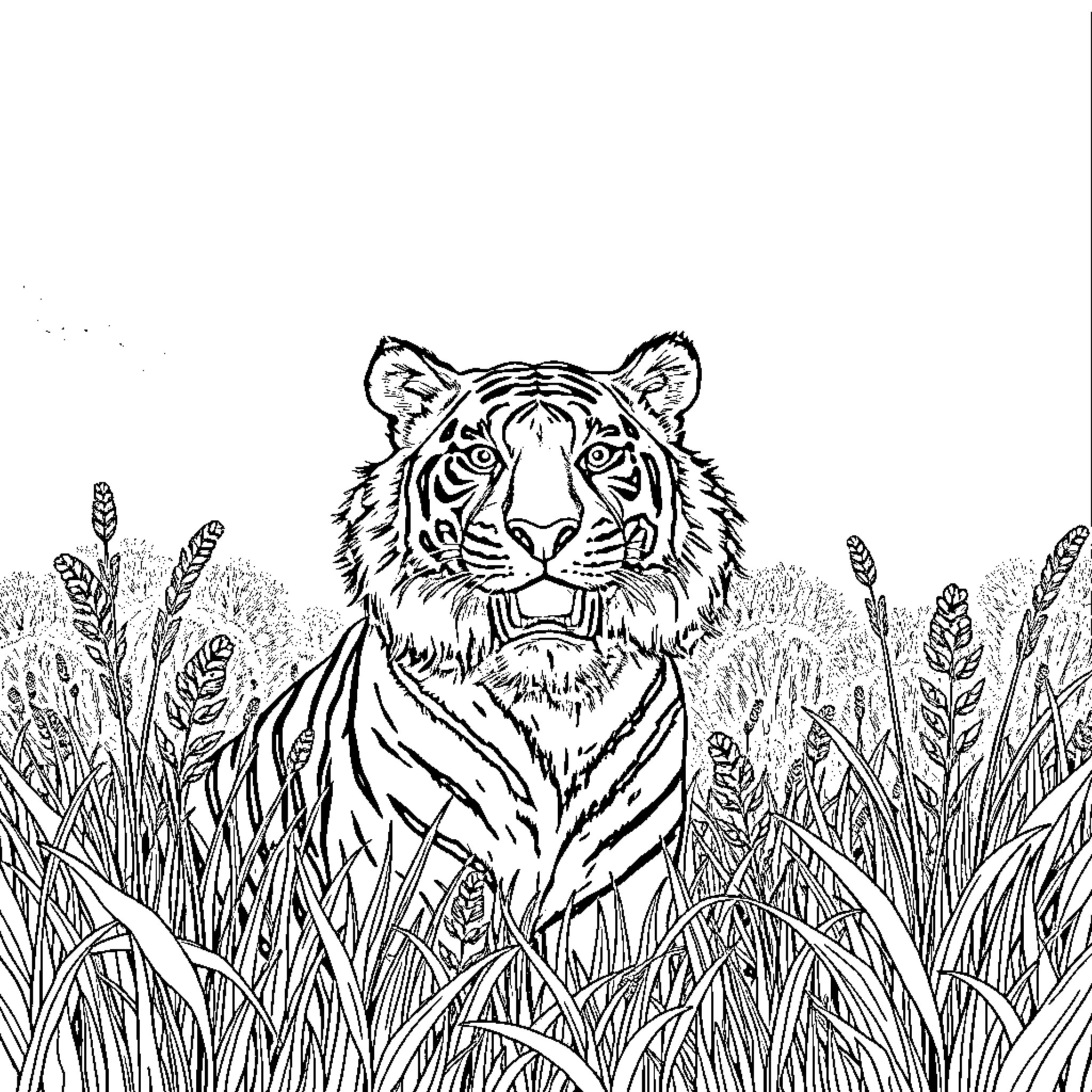 Saber-toothed Tiger hunting in the wild grasslands Coloring Page (free black-and-white line drawing printable PDF for all, from beginners to advanced learners, including children, teens, adults, and seniors)