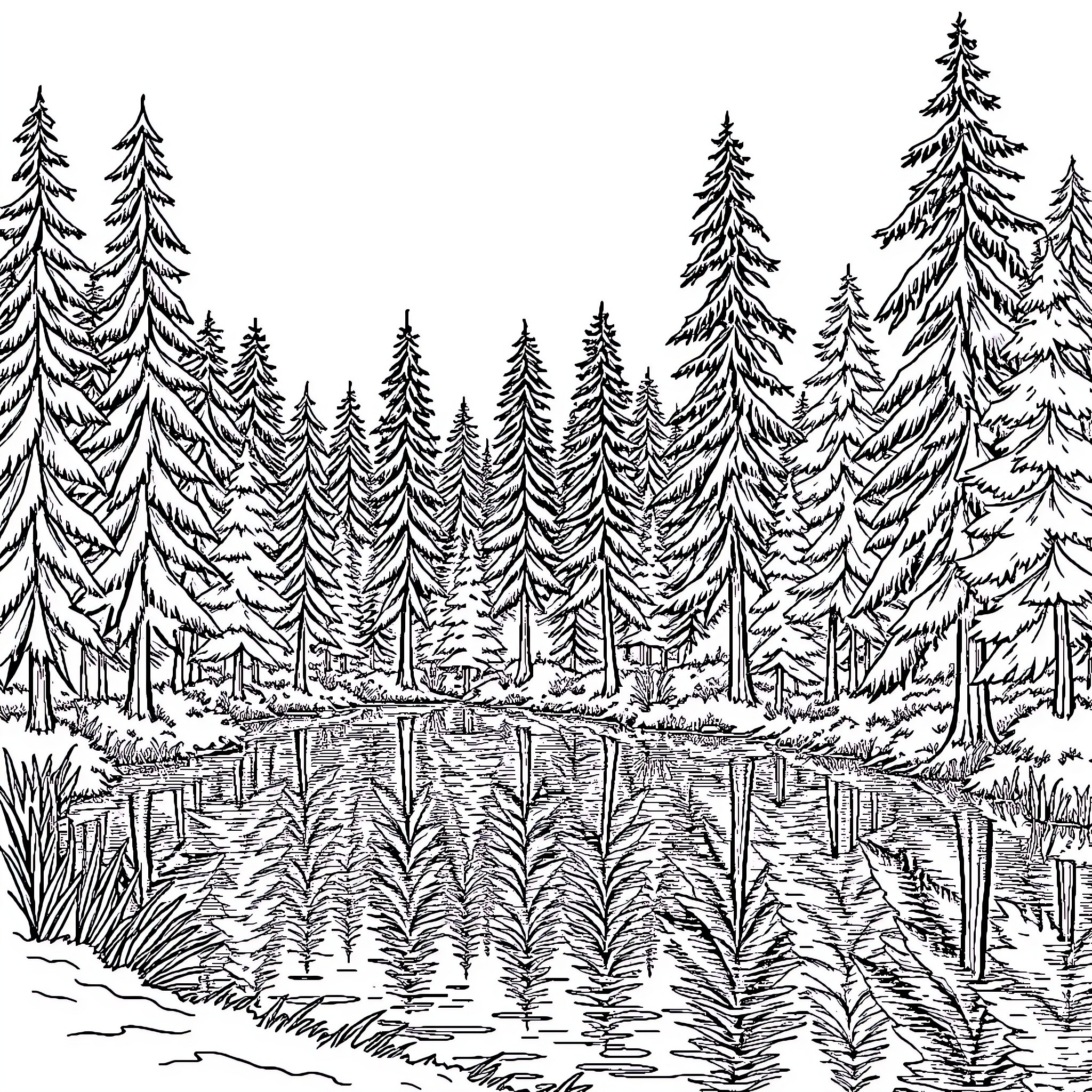 Lake surrounded by a peaceful forest Coloring Page (free black-and-white line drawing printable PDF for all, from beginners to advanced learners, including children, teens, adults, and seniors)