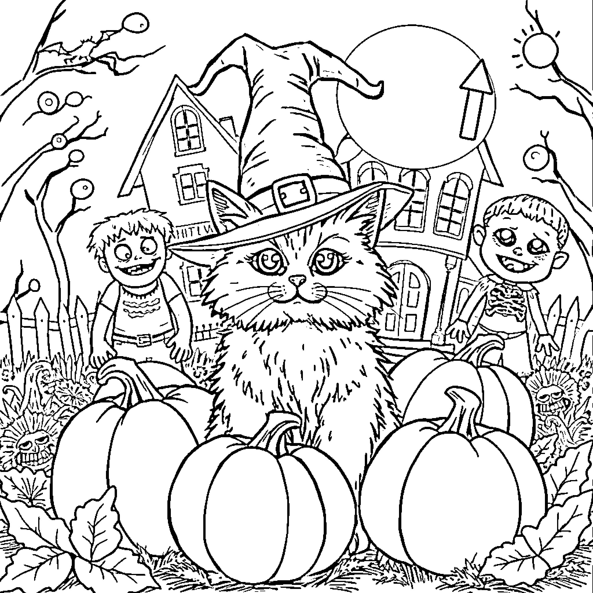 Cat in a Witch's Hat with Halloween Pumpkins Coloring Page (free black-and-white line drawing printable PDF for all, from beginners to advanced learners, including children, teens, adults, and seniors)