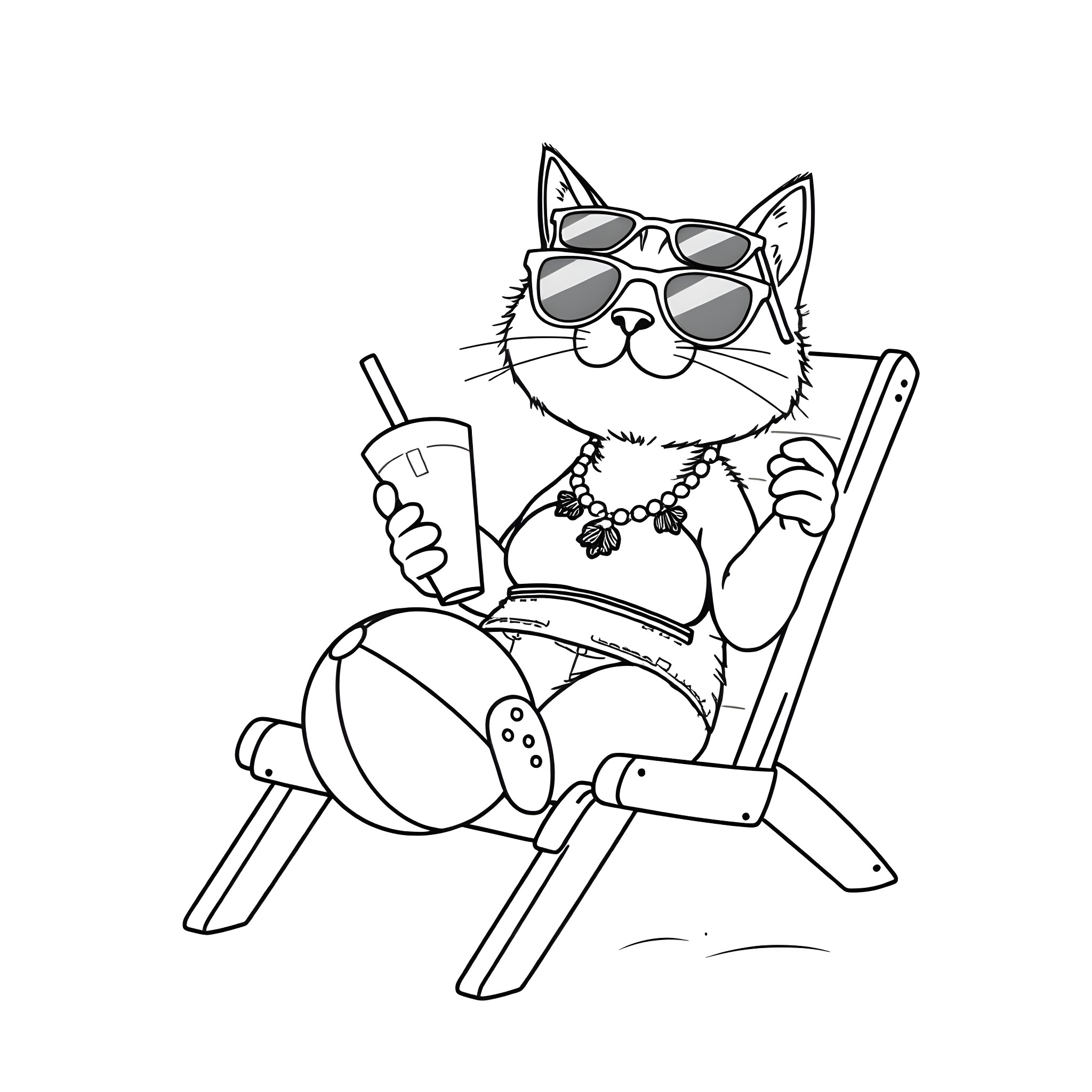 Cat relaxing in a beach chair with sunglasses Coloring Page (free black-and-white line drawing printable PDF for all, from beginners to advanced learners, including children, teens, adults, and seniors)