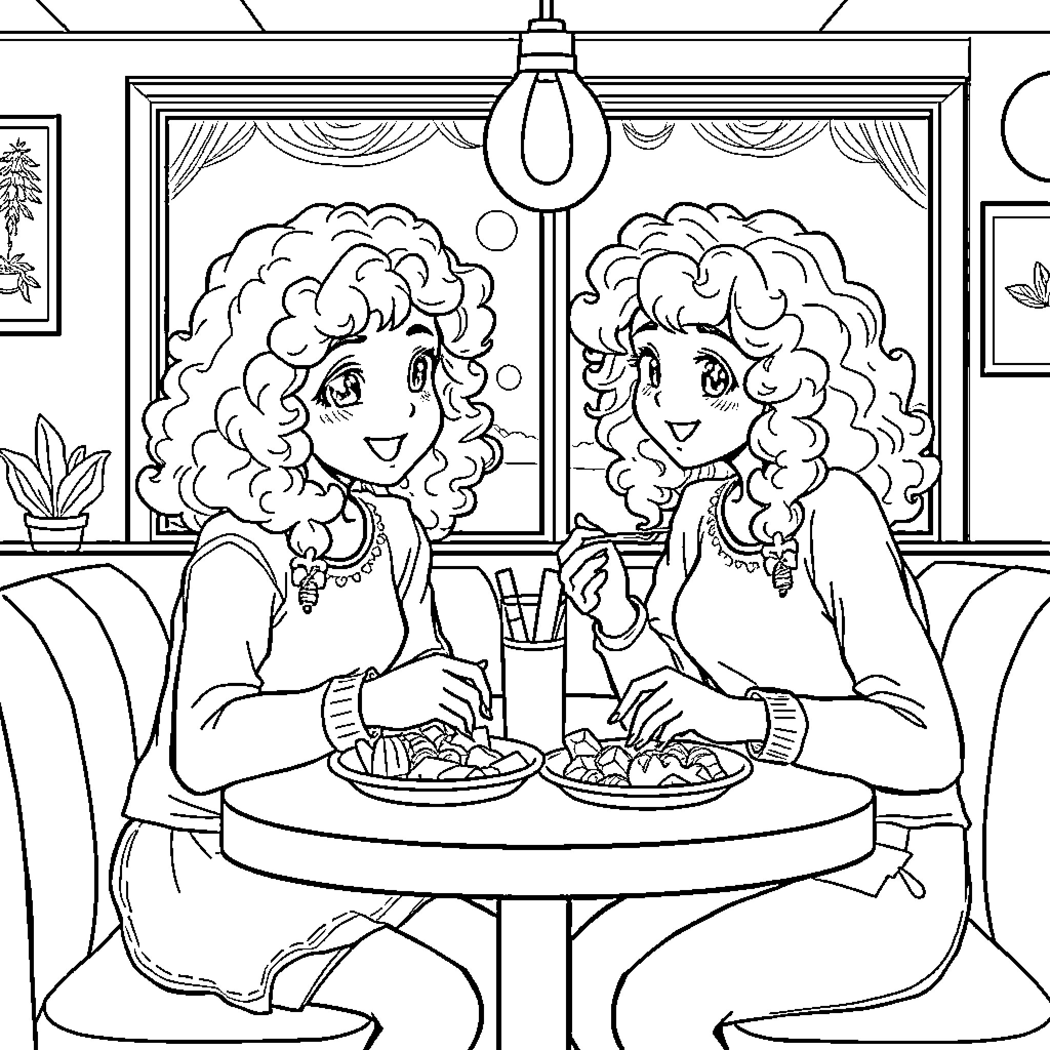 Girls having a fun snack at the cafe Coloring Page (free black-and-white line drawing printable PDF for all, from beginners to advanced learners, including children, teens, adults, and seniors)