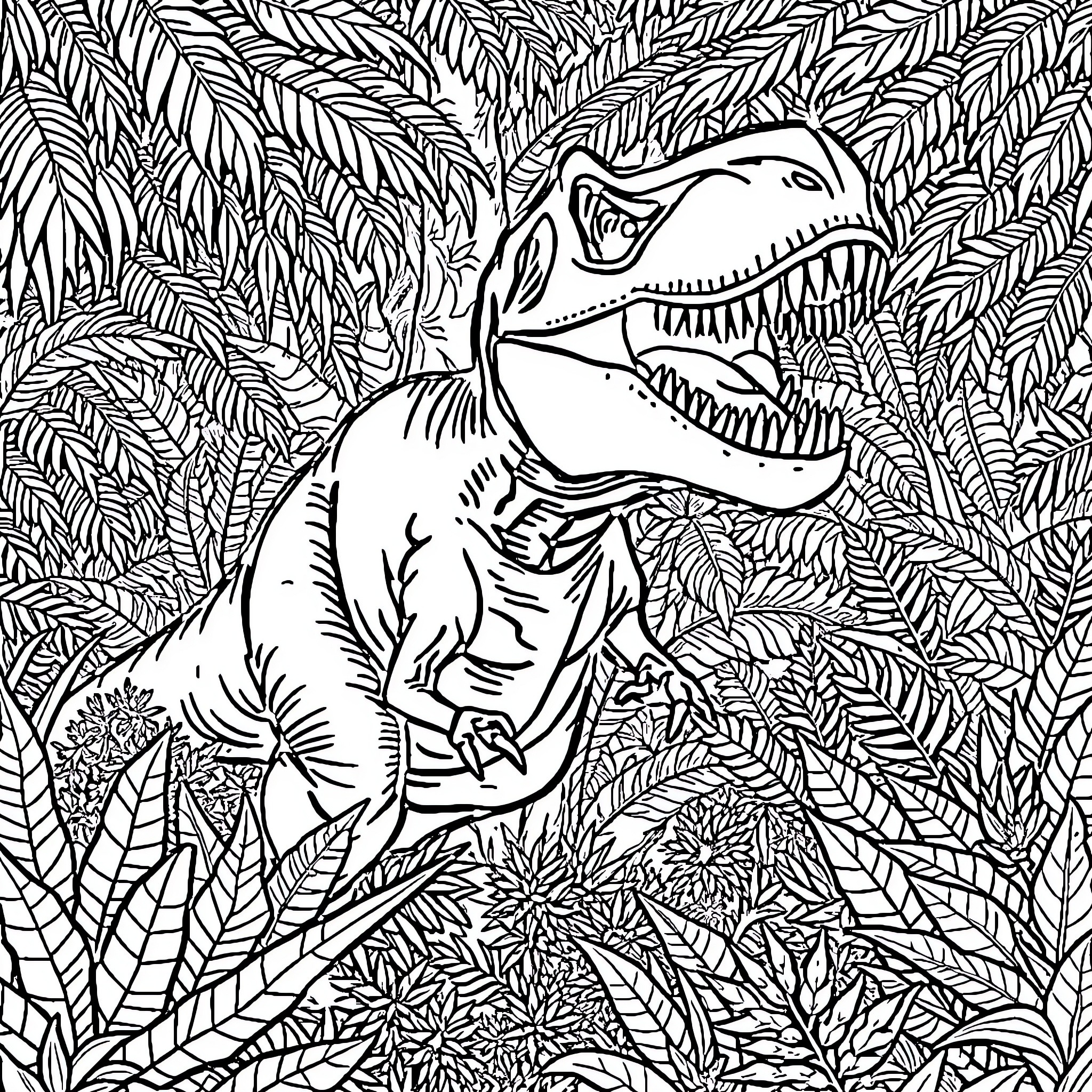 Tyrannosaurus Rex roaring in the jungle Coloring Page (free black-and-white line drawing printable PDF for all, from beginners to advanced learners, including children, teens, adults, and seniors)