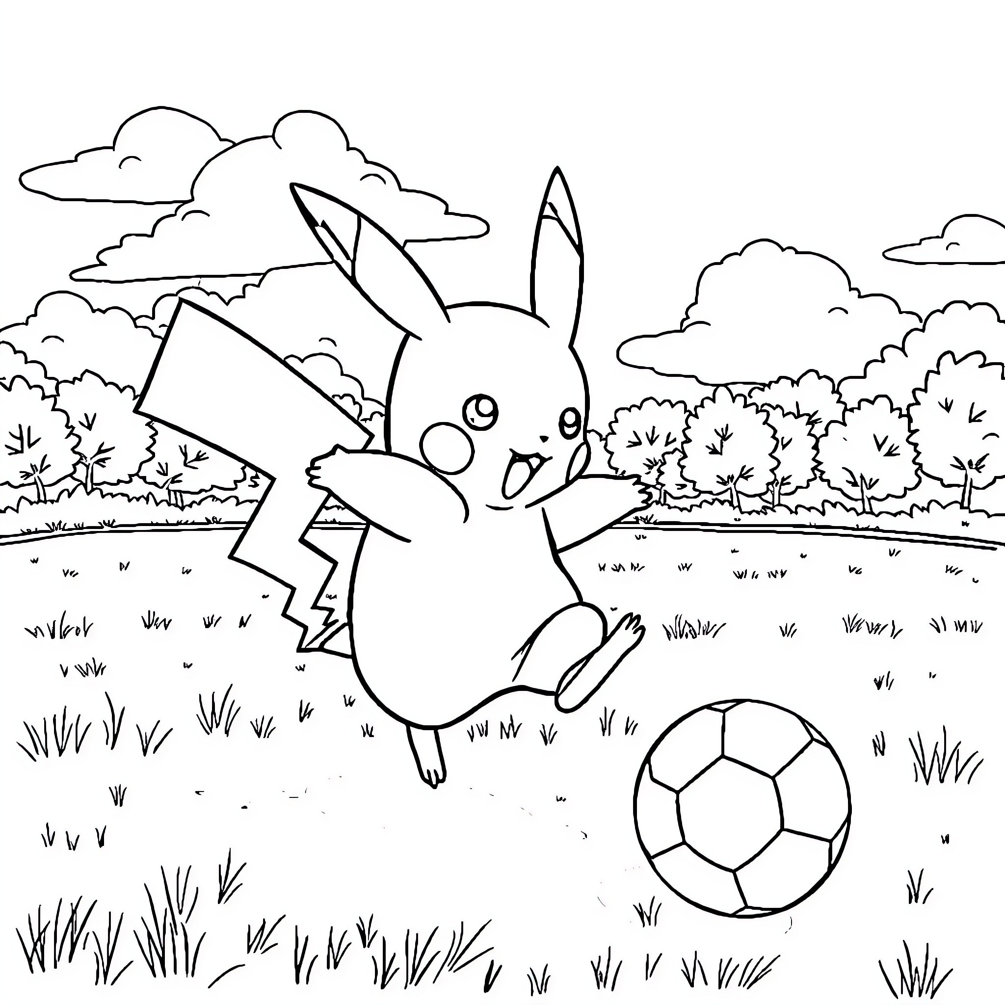 Pikachu playing with a soccer ball in the park Coloring Page (free black-and-white line drawing printable PDF for all, from beginners to advanced learners, including children, teens, adults, and seniors)
