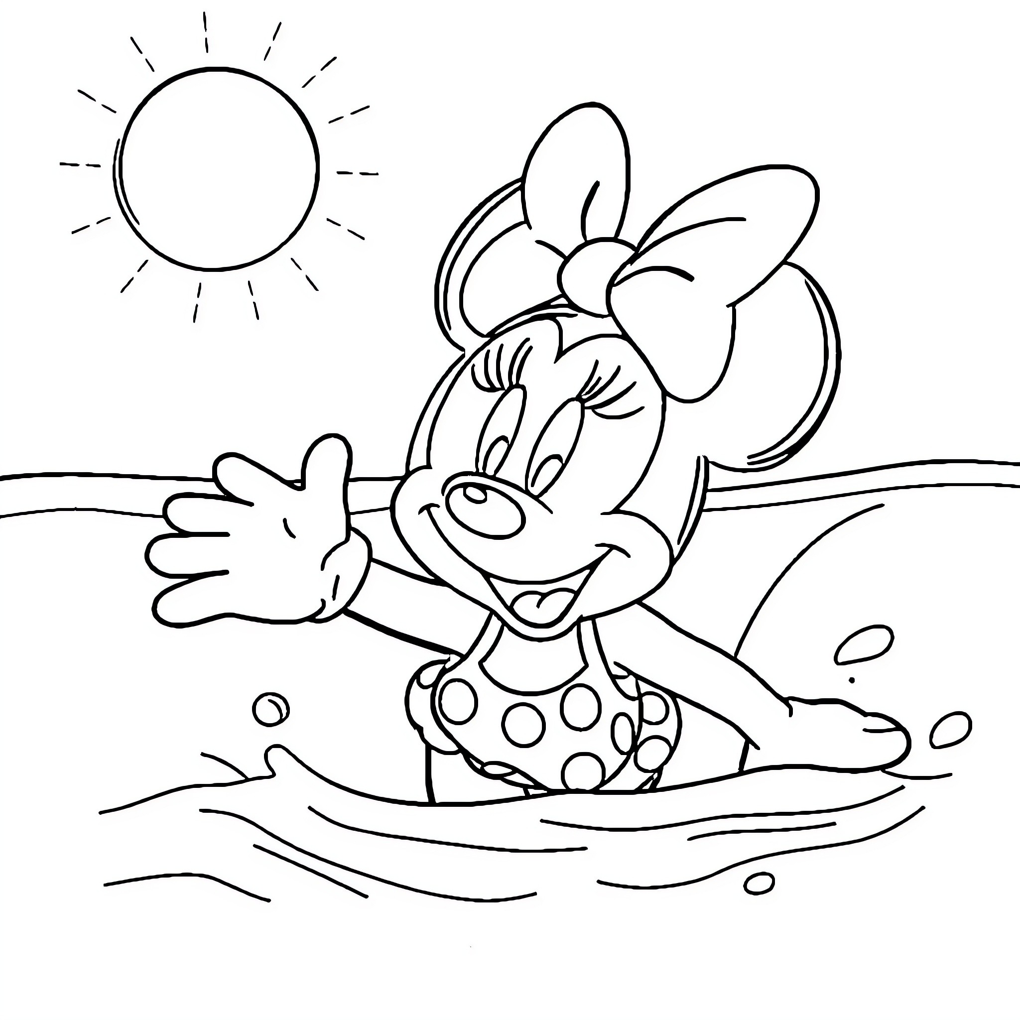 Minnie Mouse swimming and waving in the sun Coloring Page (free black-and-white line drawing printable PDF for all, from beginners to advanced learners, including children, teens, adults, and seniors)