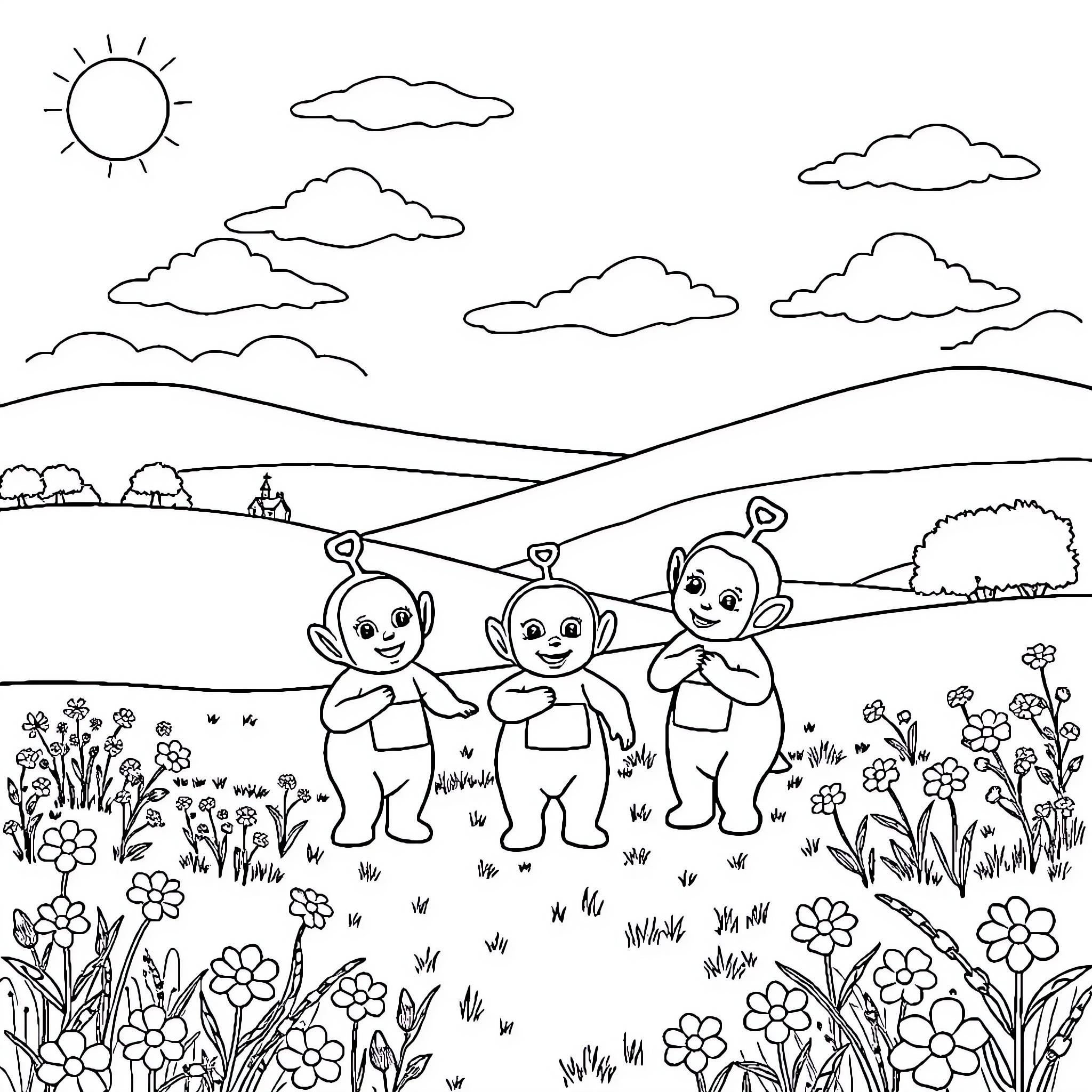 Teletubbies playing happily in a vibrant landscape Coloring Page (free black-and-white line drawing printable PDF for all, from beginners to advanced learners, including children, teens, adults, and seniors)