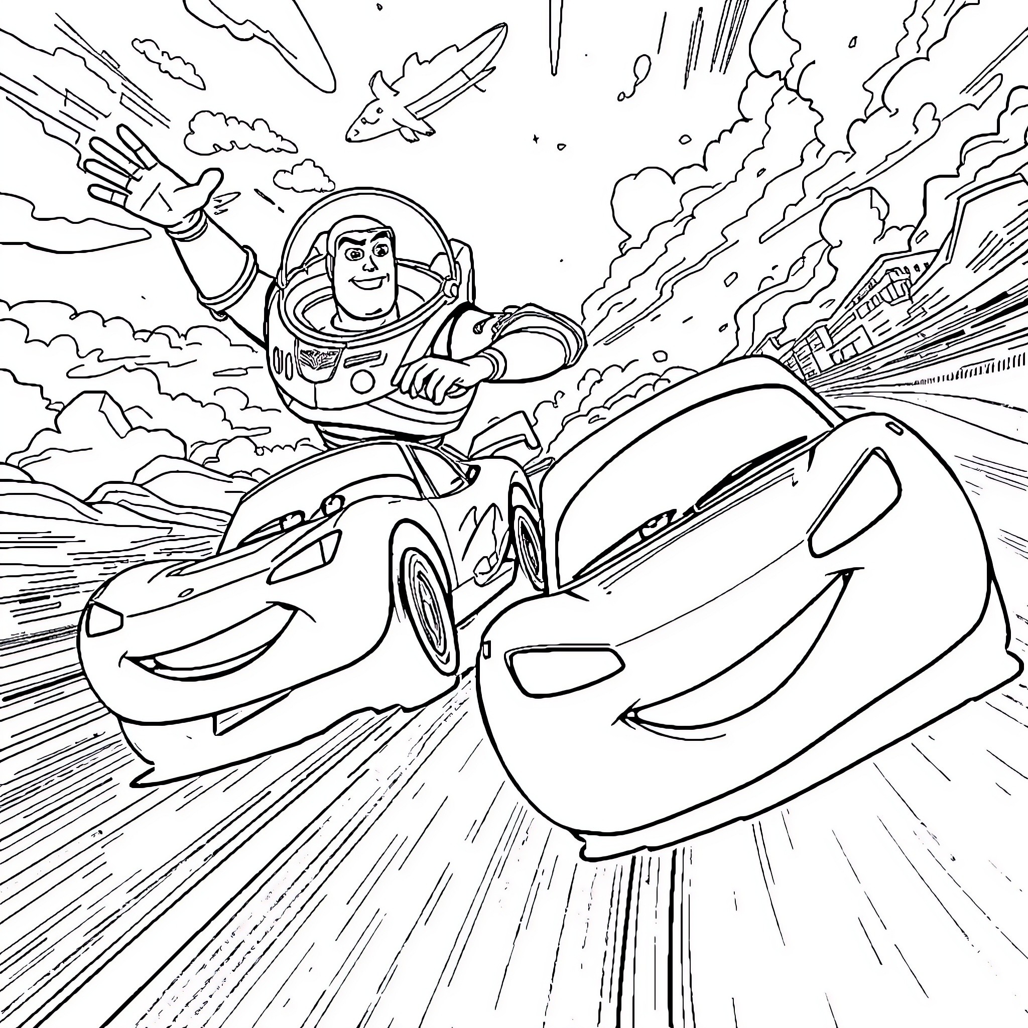 Buzz Lightyear racing in a futuristic vehicle Coloring Page (free black-and-white line drawing printable PDF for all, from beginners to advanced learners, including children, teens, adults, and seniors)
