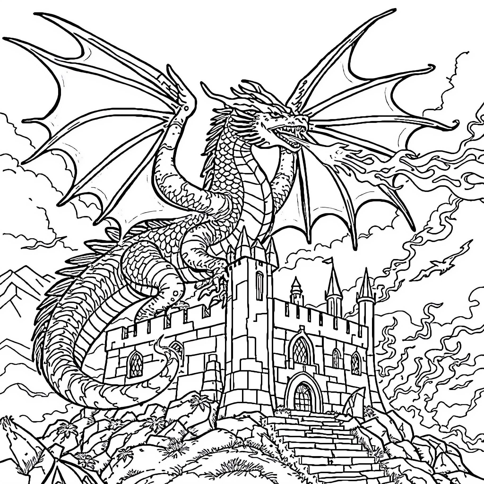 Dragon emerging from castle ruins in the sky Coloring Page (free black-and-white line drawing printable PDF for all, from beginners to advanced learners, including children, teens, adults, and seniors)