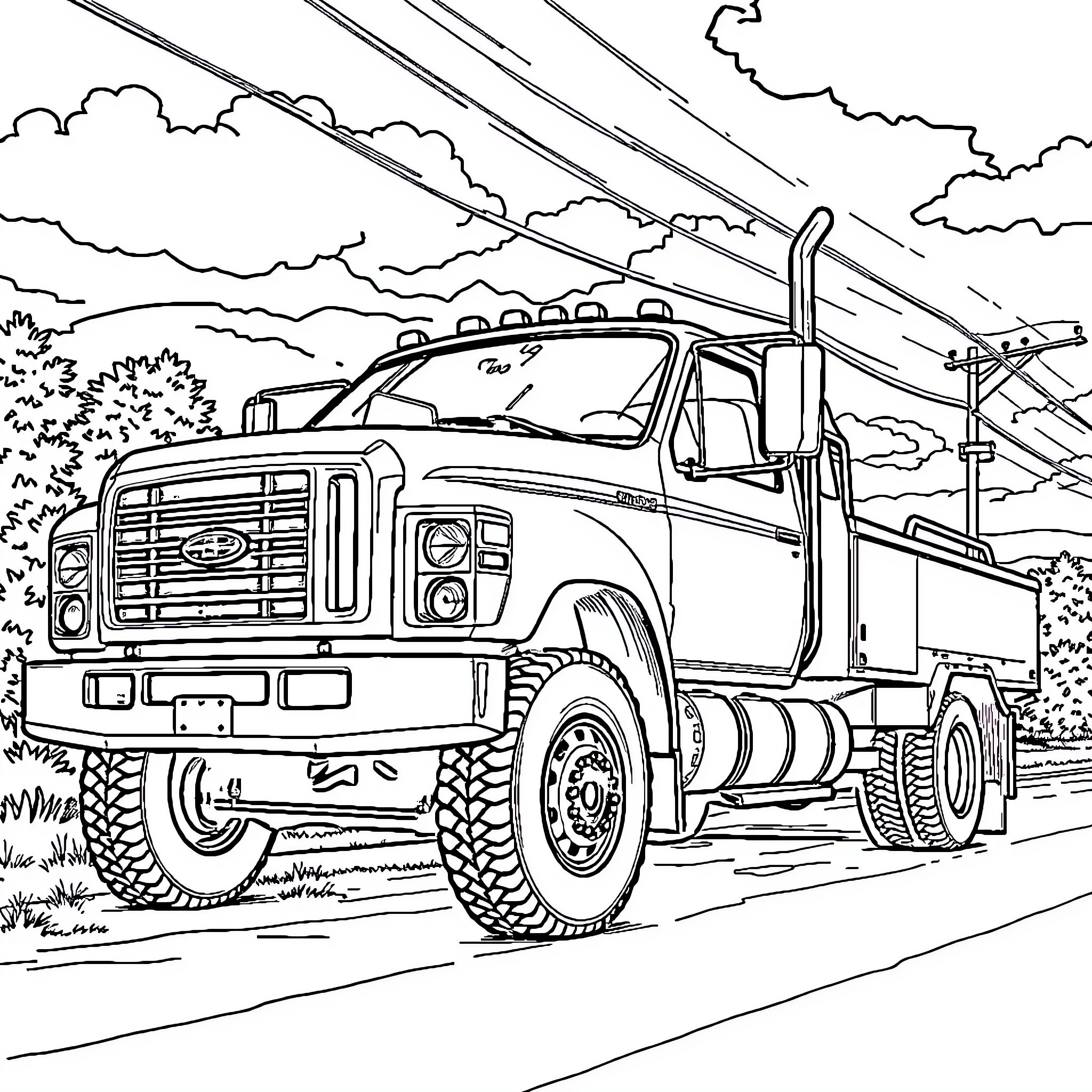 F350 truck transporting goods on a rural road Coloring Page (free black-and-white line drawing printable PDF for all, from beginners to advanced learners, including children, teens, adults, and seniors)