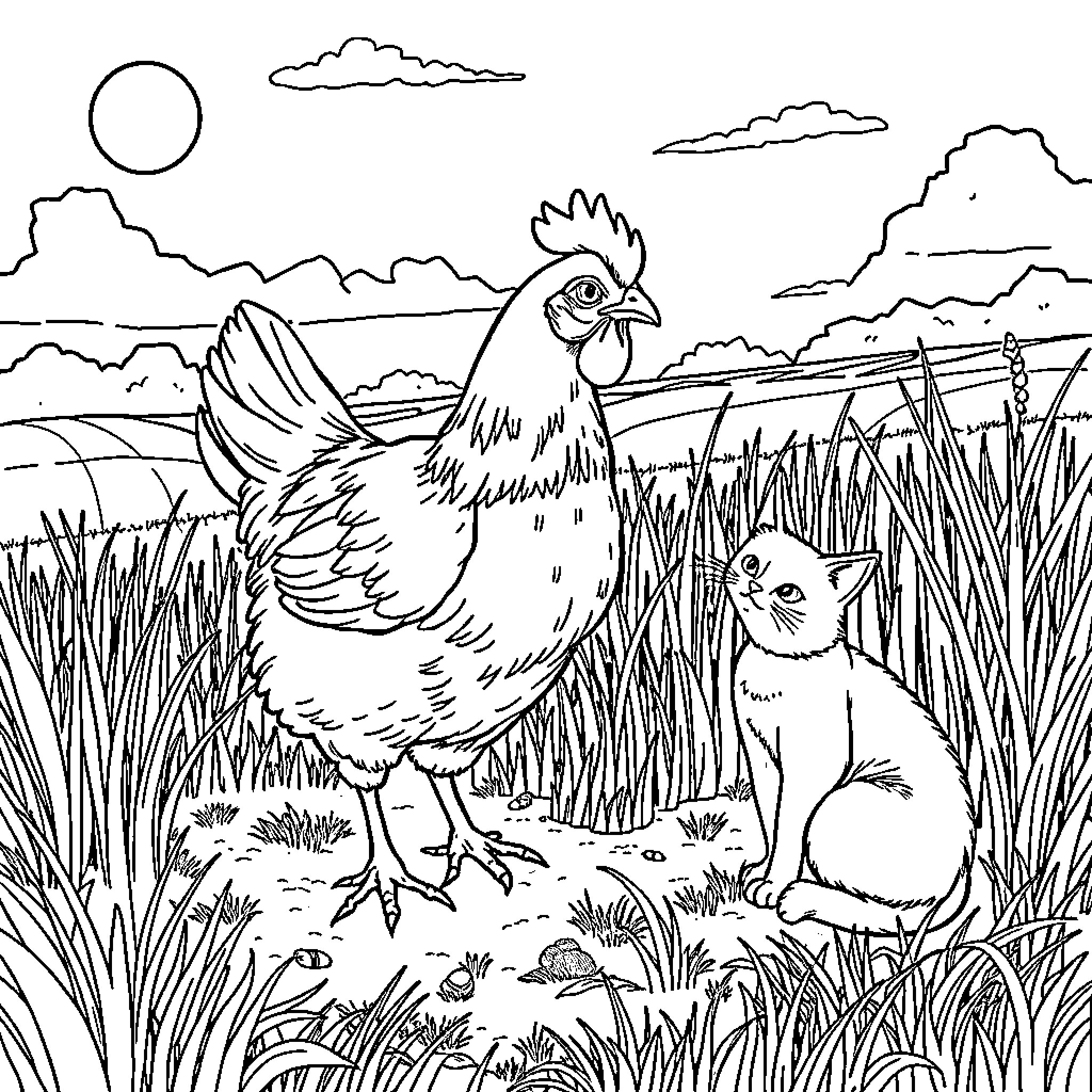 Chicken and cat in a pastoral scene Coloring Page (free black-and-white line drawing printable PDF for all, from beginners to advanced learners, including children, teens, adults, and seniors)