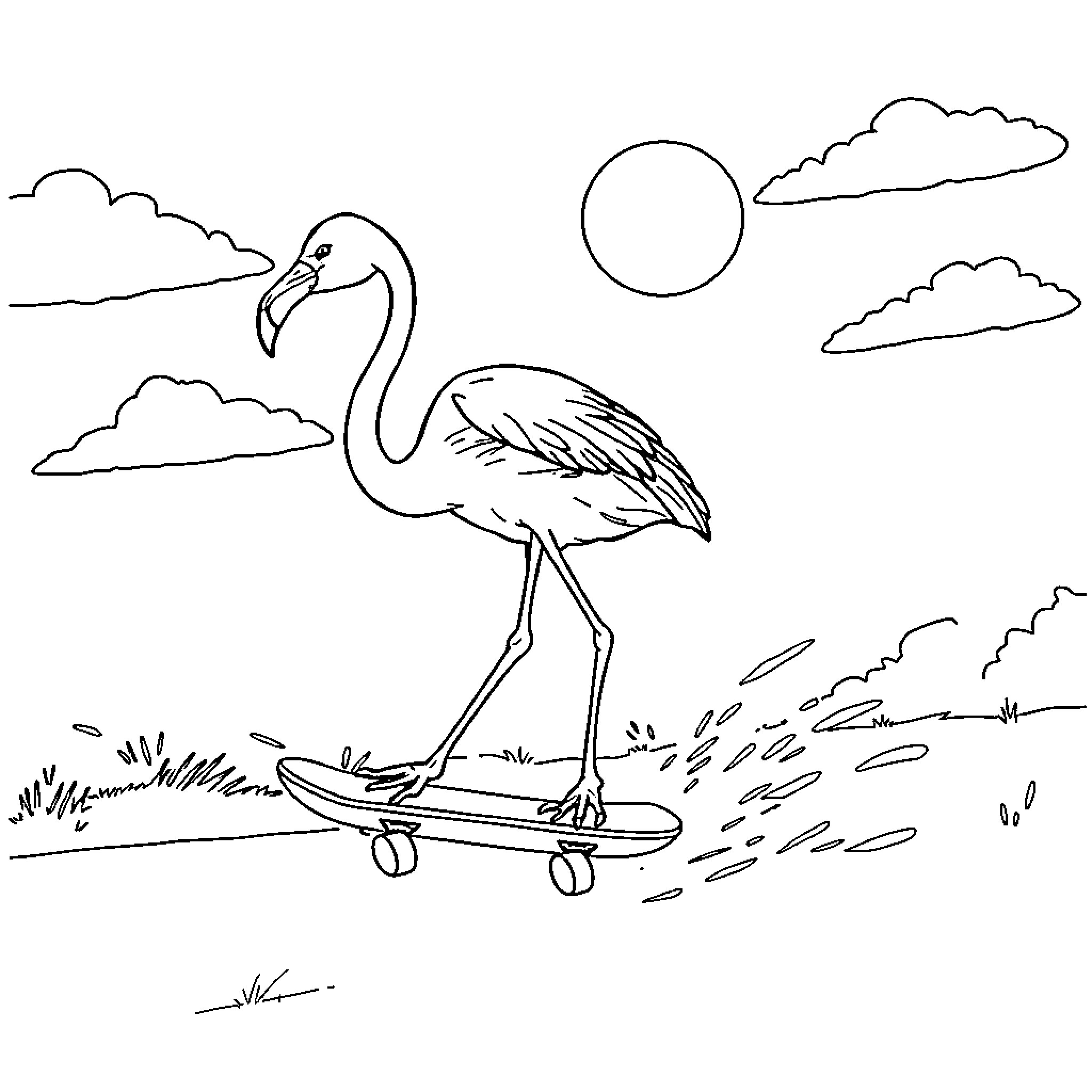 Flamingo gliding on skateboard in the sky Coloring Page (free black-and-white line drawing printable PDF for all, from beginners to advanced learners, including children, teens, adults, and seniors)