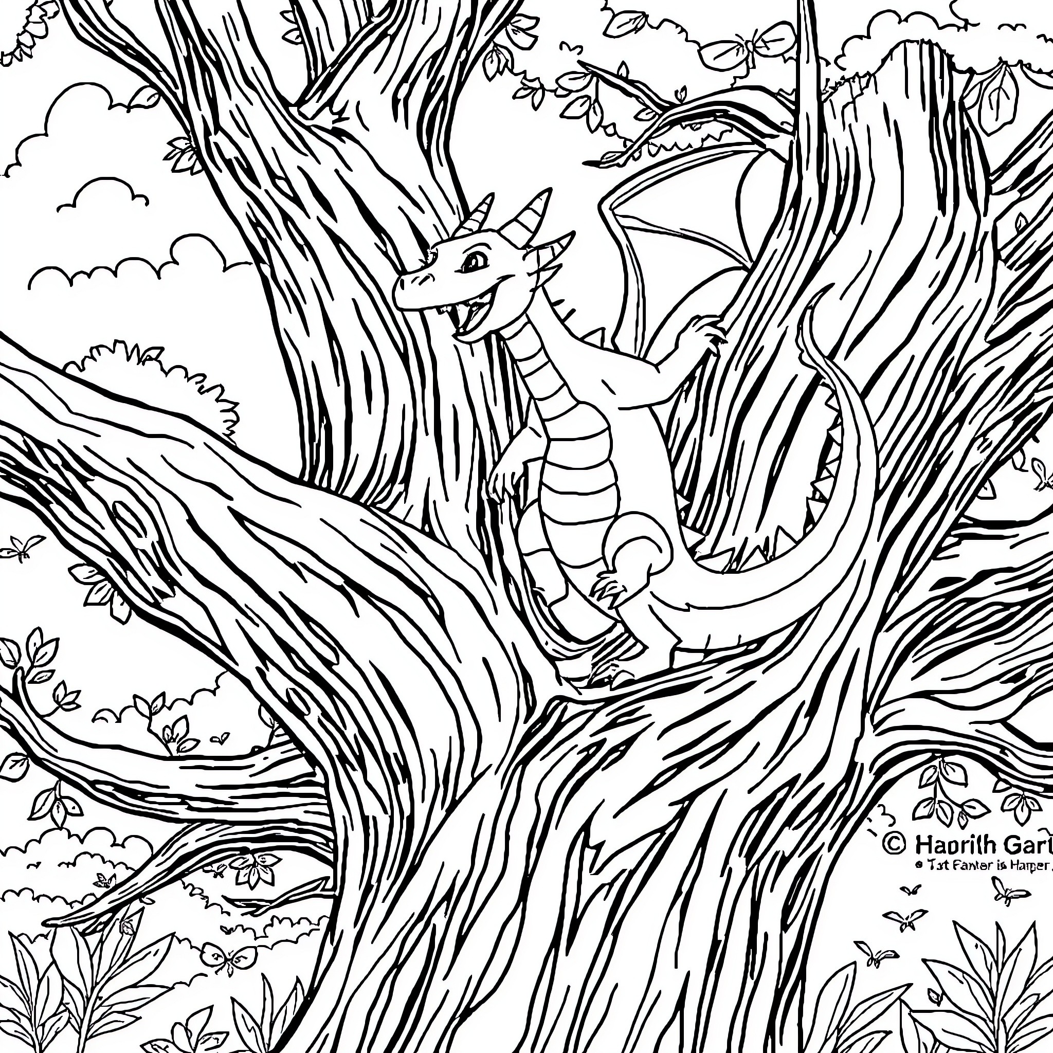 Dragon exploring the enchanted forest Coloring Page (free black-and-white line drawing printable PDF for all, from beginners to advanced learners, including children, teens, adults, and seniors)