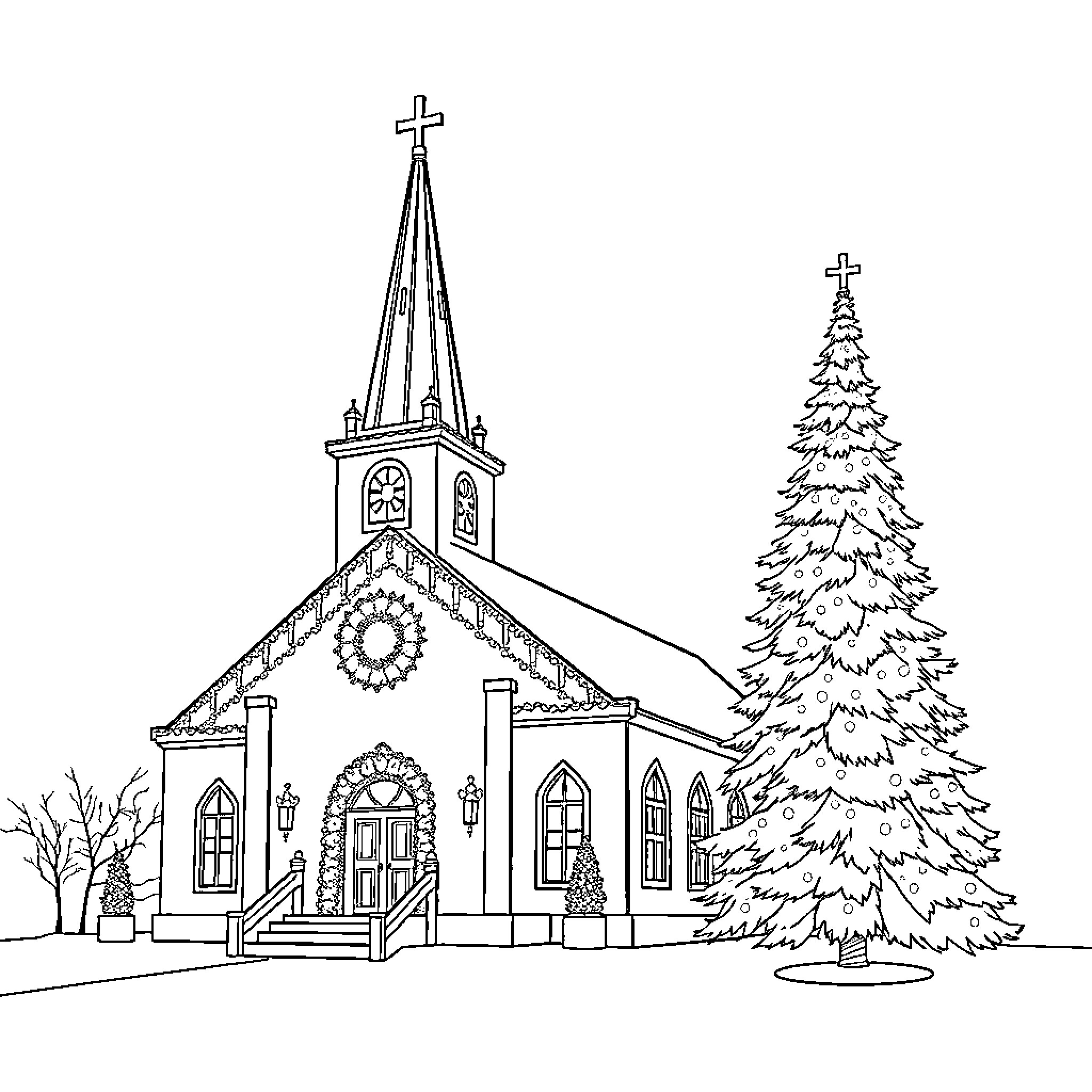 Church with Christmas tree and decorations Coloring Page (free black-and-white line drawing printable PDF for all, from beginners to advanced learners, including children, teens, adults, and seniors)