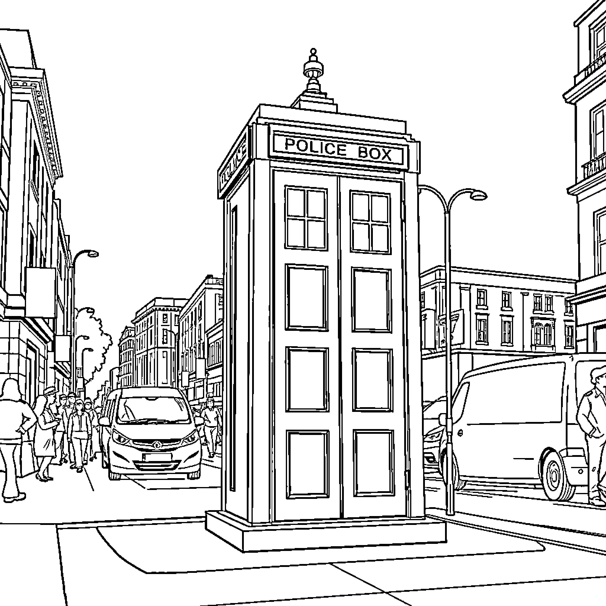 TARDIS in a bustling urban scene Coloring Page (free black-and-white line drawing printable PDF for all, from beginners to advanced learners, including children, teens, adults, and seniors)