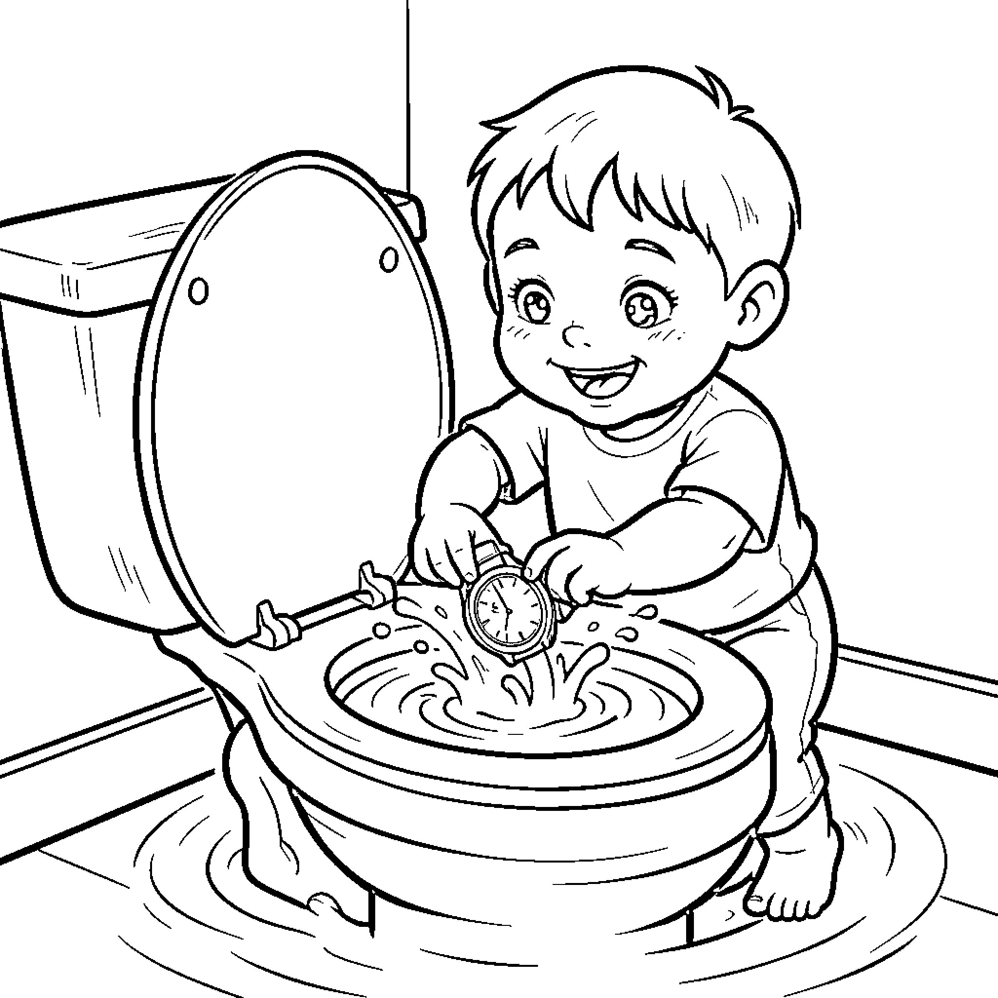 Boy playing in overflowing toilet with curiosity Coloring Page (free black-and-white line drawing printable PDF for all, from beginners to advanced learners, including children, teens, adults, and seniors)