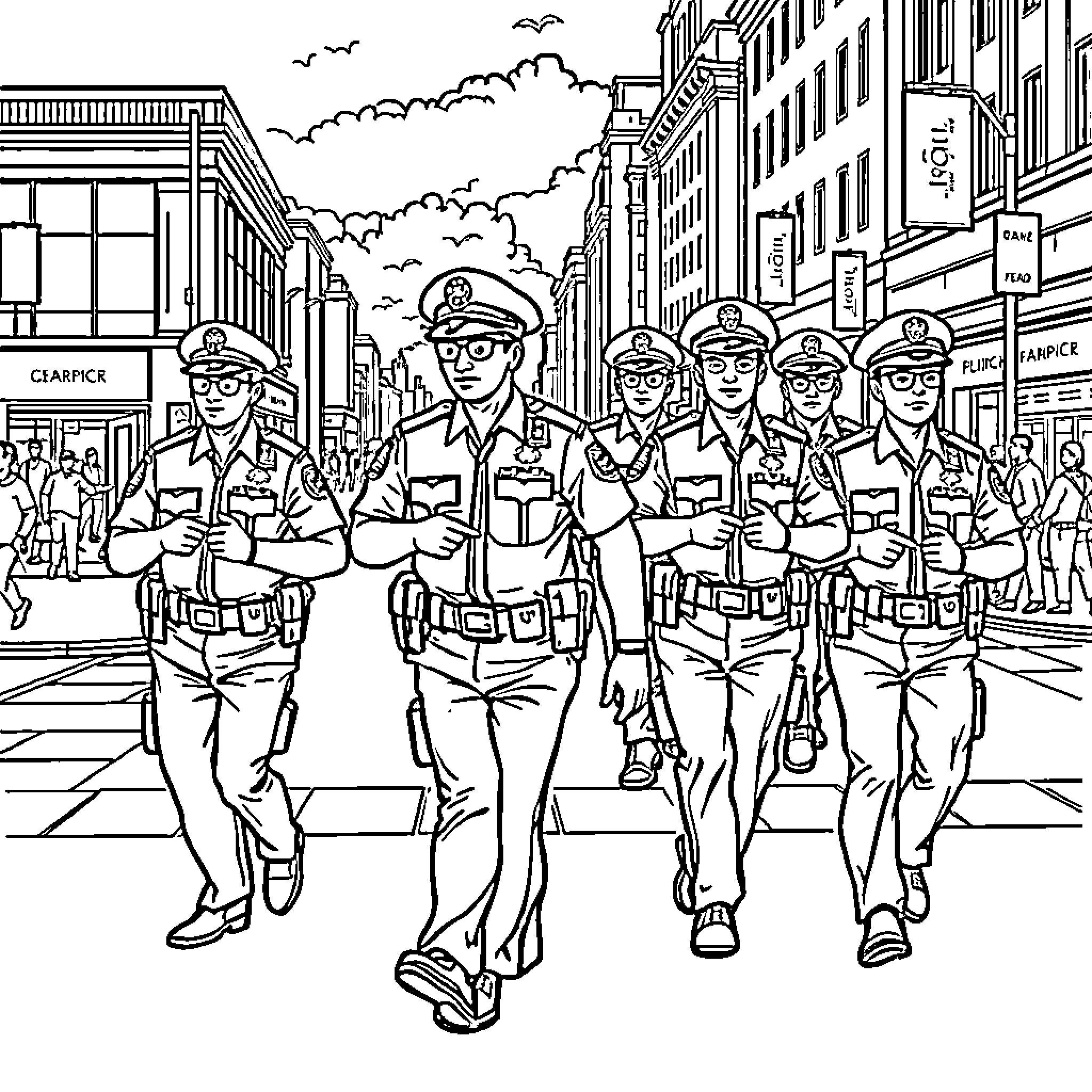 Police Patrol on City Streets Coloring Page (free black-and-white line drawing printable PDF for all, from beginners to advanced learners, including children, teens, adults, and seniors)