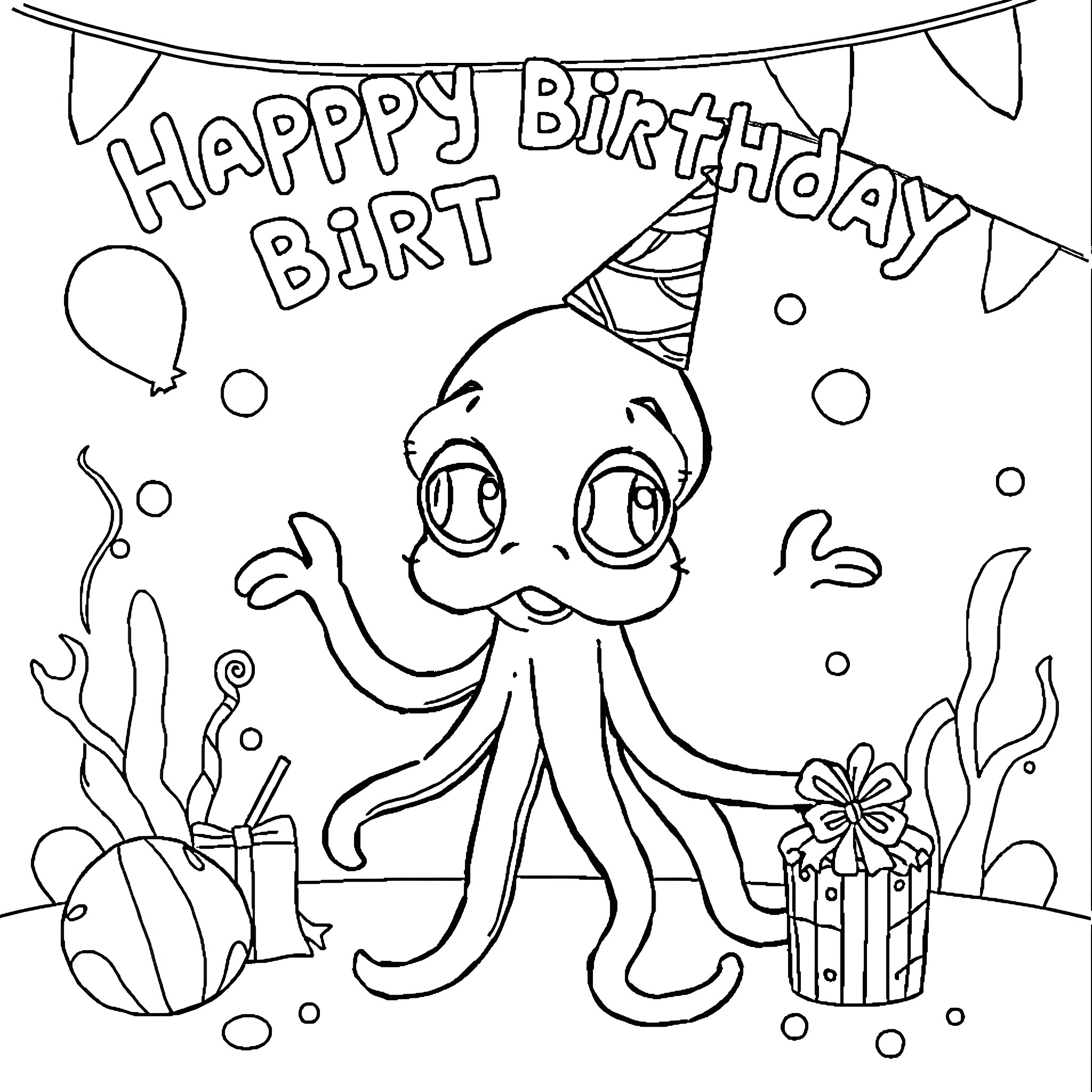 Birthday celebration with octopus and party decorations Coloring Page (free black-and-white line drawing printable PDF for all, from beginners to advanced learners, including children, teens, adults, and seniors)