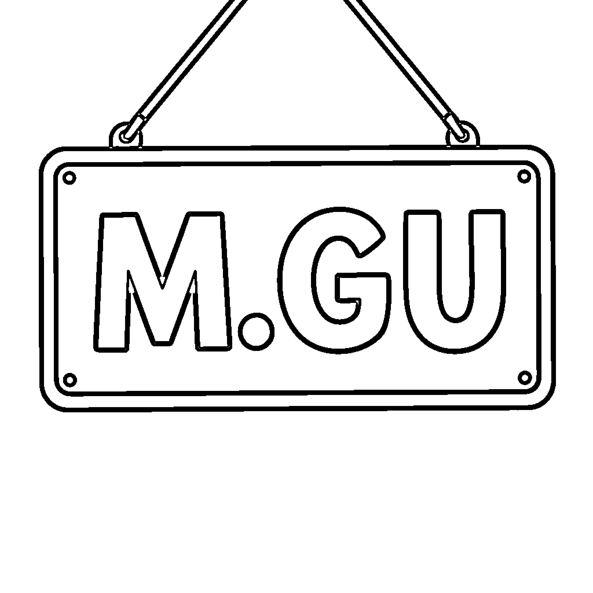 M.GU text displayed on a hanging rectangular sign Coloring Page (free black-and-white line drawing printable PDF for all, from beginners to advanced learners, including children, teens, adults, and seniors)