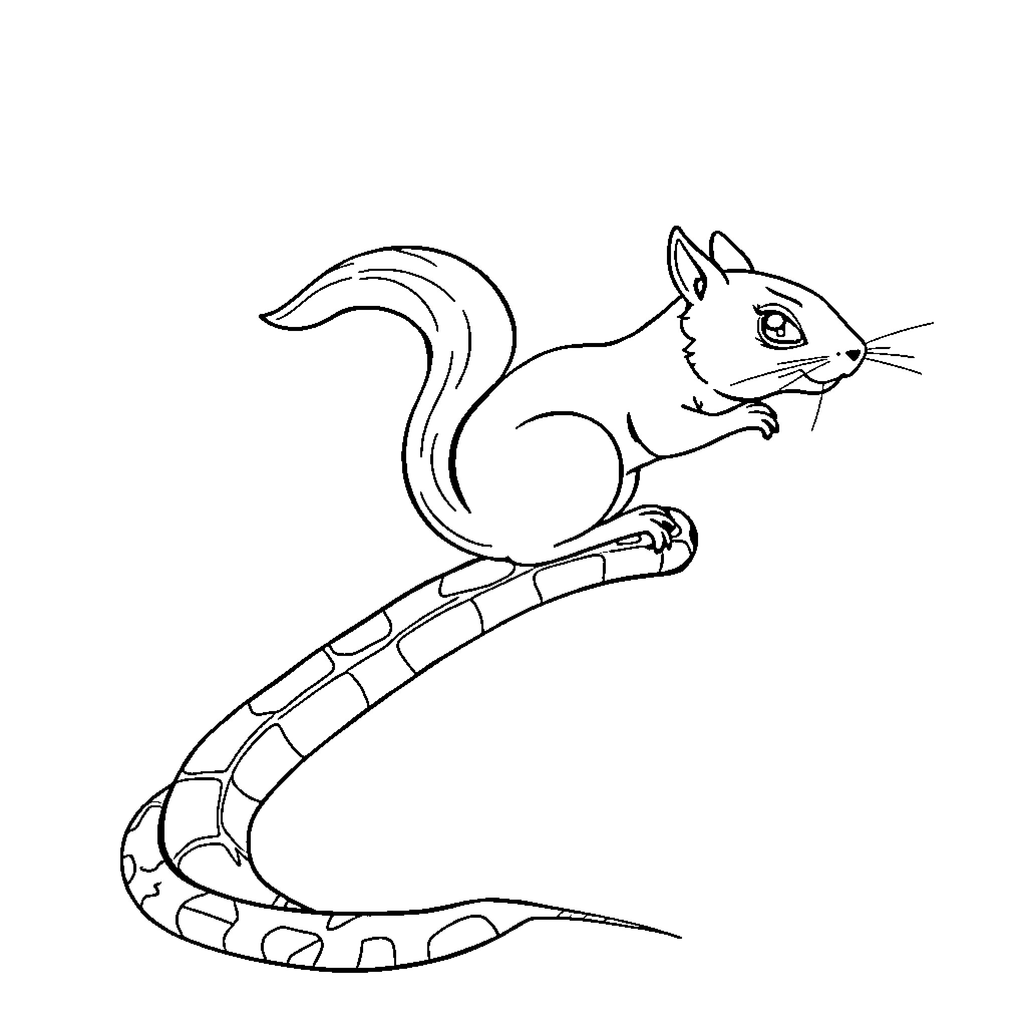 Squirrel climbing up a snake-like branch Coloring Page (free black-and-white line drawing printable PDF for all, from beginners to advanced learners, including children, teens, adults, and seniors)