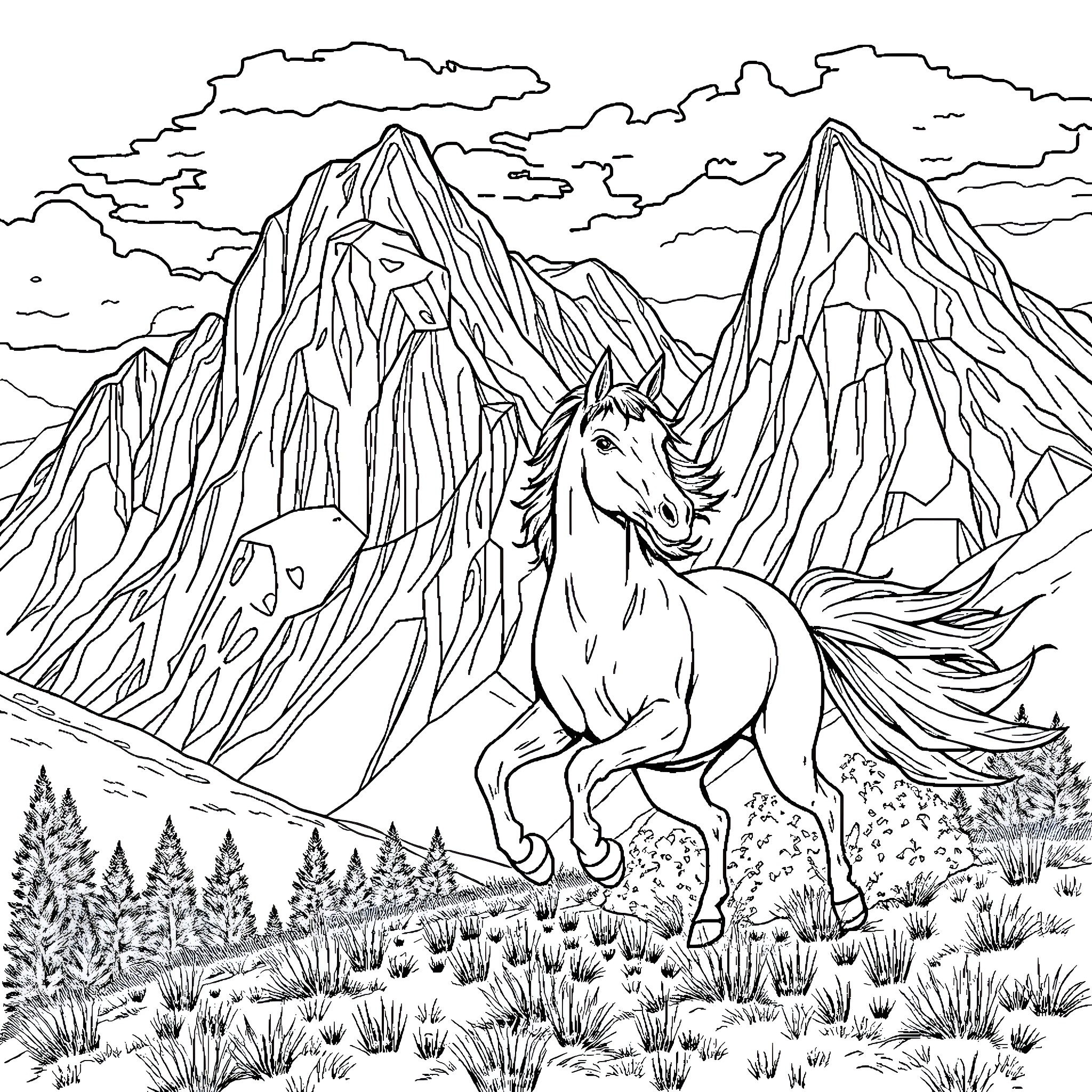 Horse galloping through majestic mountain landscape Coloring Page (free black-and-white line drawing printable PDF for all, from beginners to advanced learners, including children, teens, adults, and seniors)