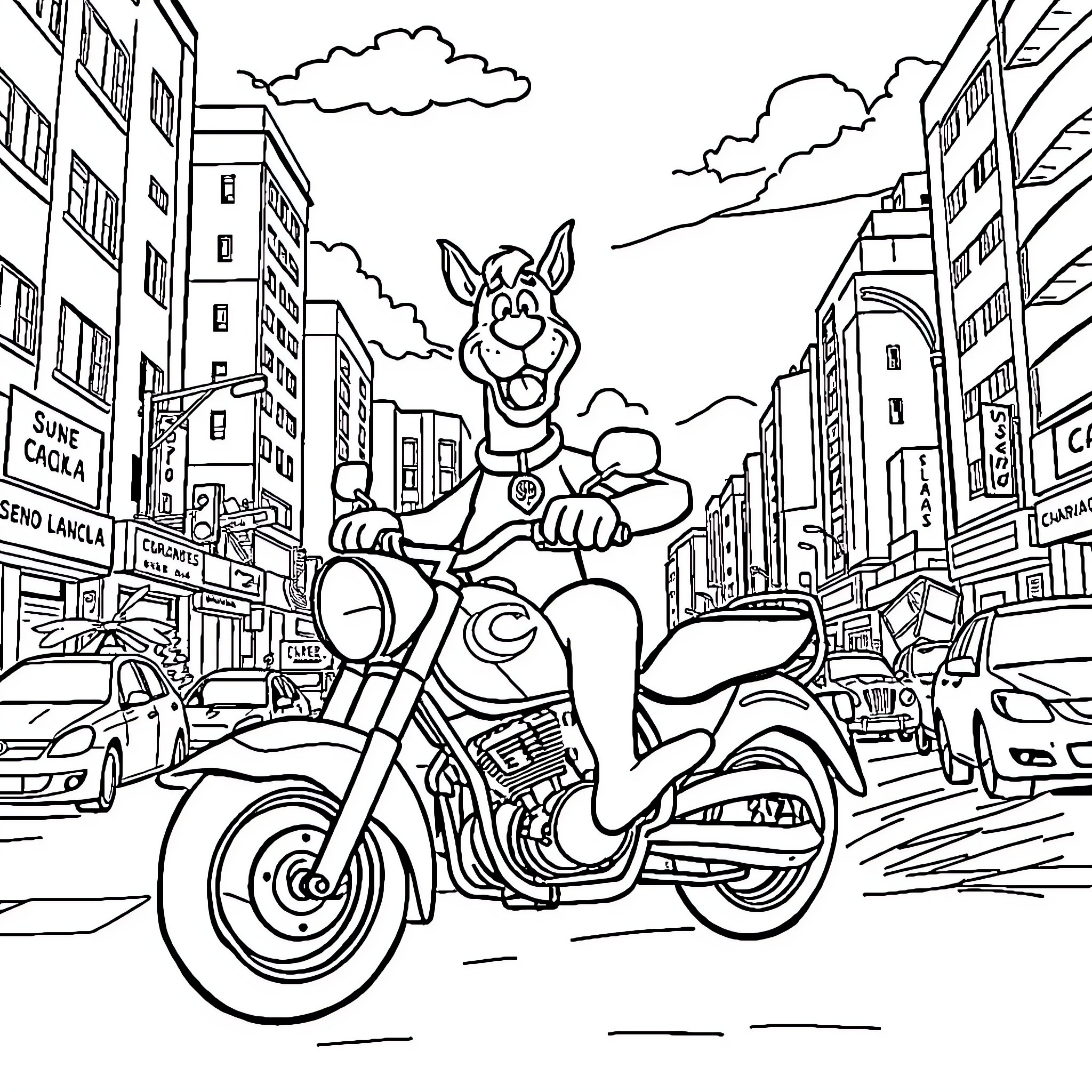 Scooby Doo riding a motorcycle through the city Coloring Page (free black-and-white line drawing printable PDF for all, from beginners to advanced learners, including children, teens, adults, and seniors)