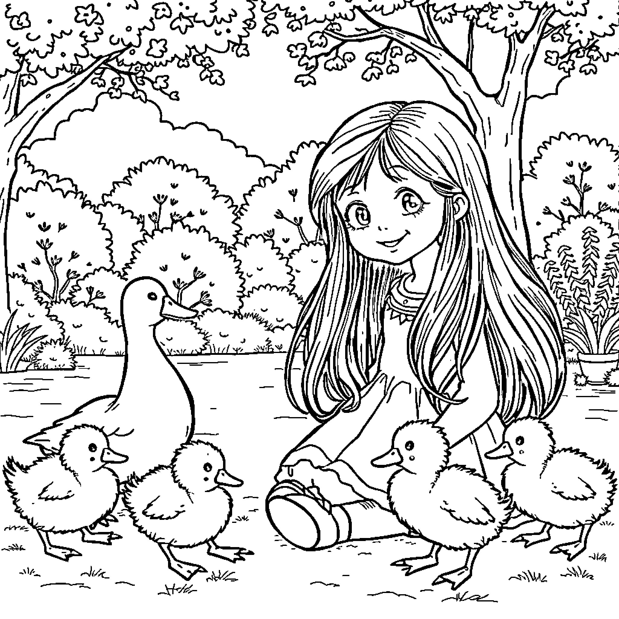 Girl playing with ducklings in nature Coloring Page (free black-and-white line drawing printable PDF for all, from beginners to advanced learners, including children, teens, adults, and seniors)