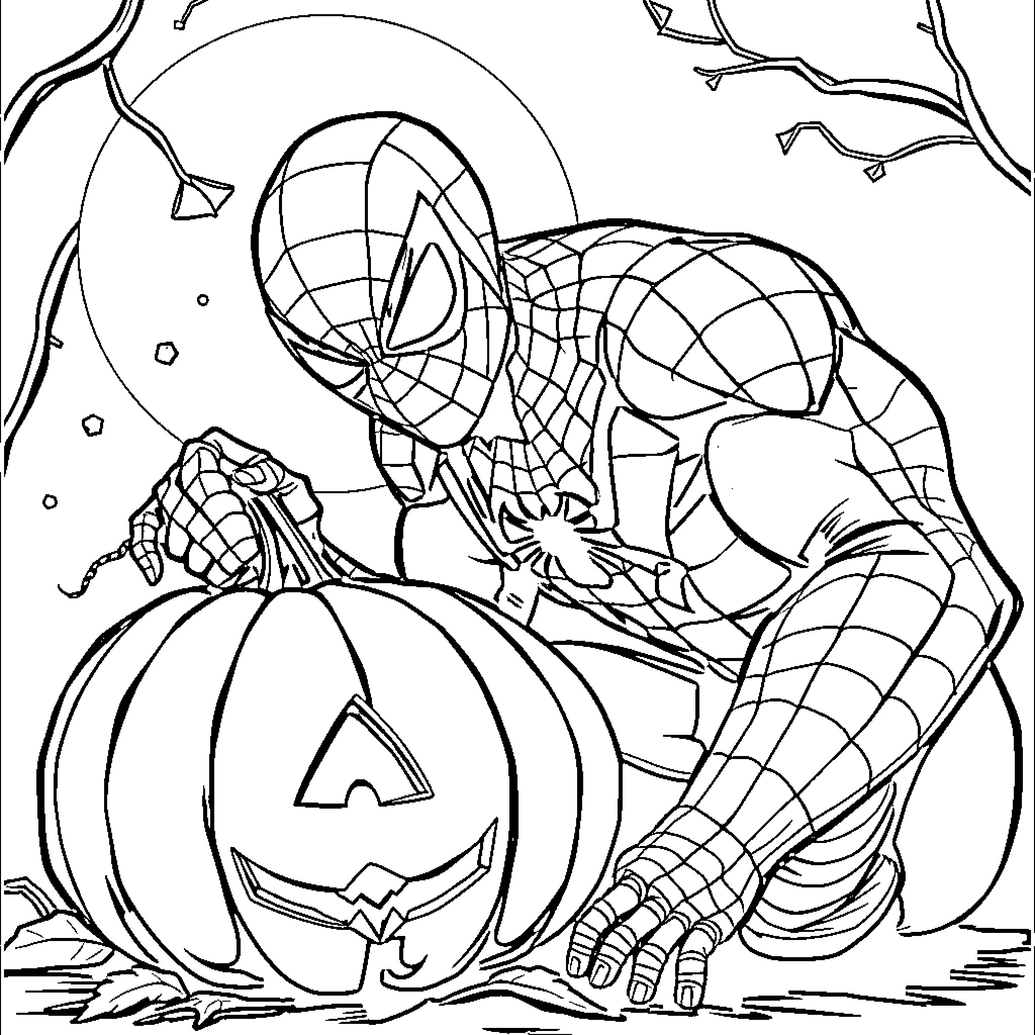 Spiderman crouching near Halloween pumpkin Coloring Page (free black-and-white line drawing printable PDF for all, from beginners to advanced learners, including children, teens, adults, and seniors)