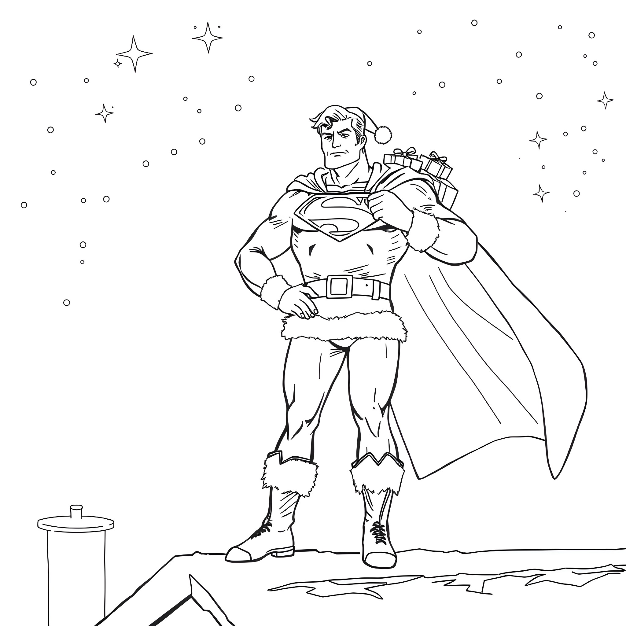 Superman heroically stands amidst the stars Coloring Page (free black-and-white line drawing printable PDF for all, from beginners to advanced learners, including children, teens, adults, and seniors)