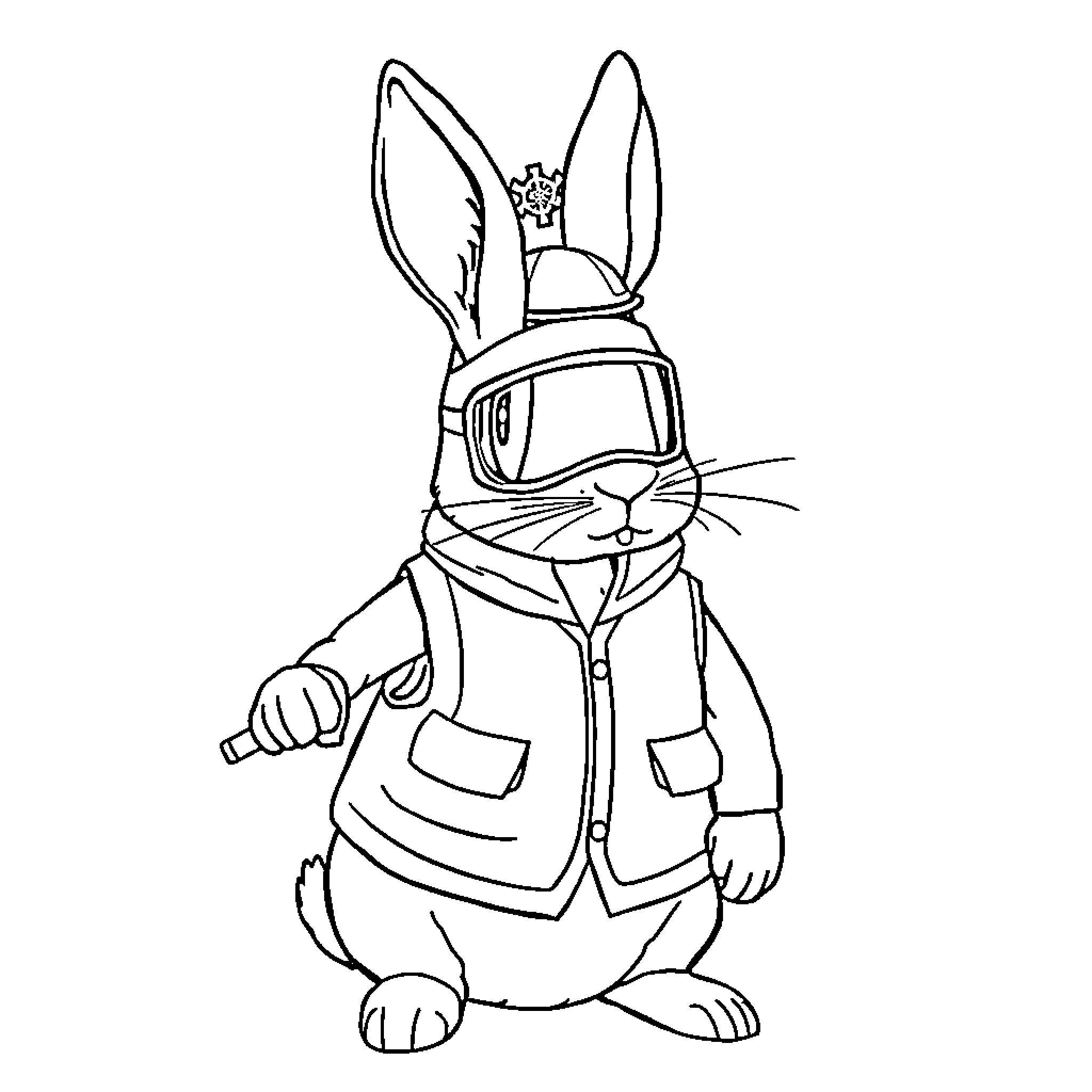 Firefighter Rabbit in Uniform Coloring Page (free black-and-white line drawing printable PDF for all, from beginners to advanced learners, including children, teens, adults, and seniors)
