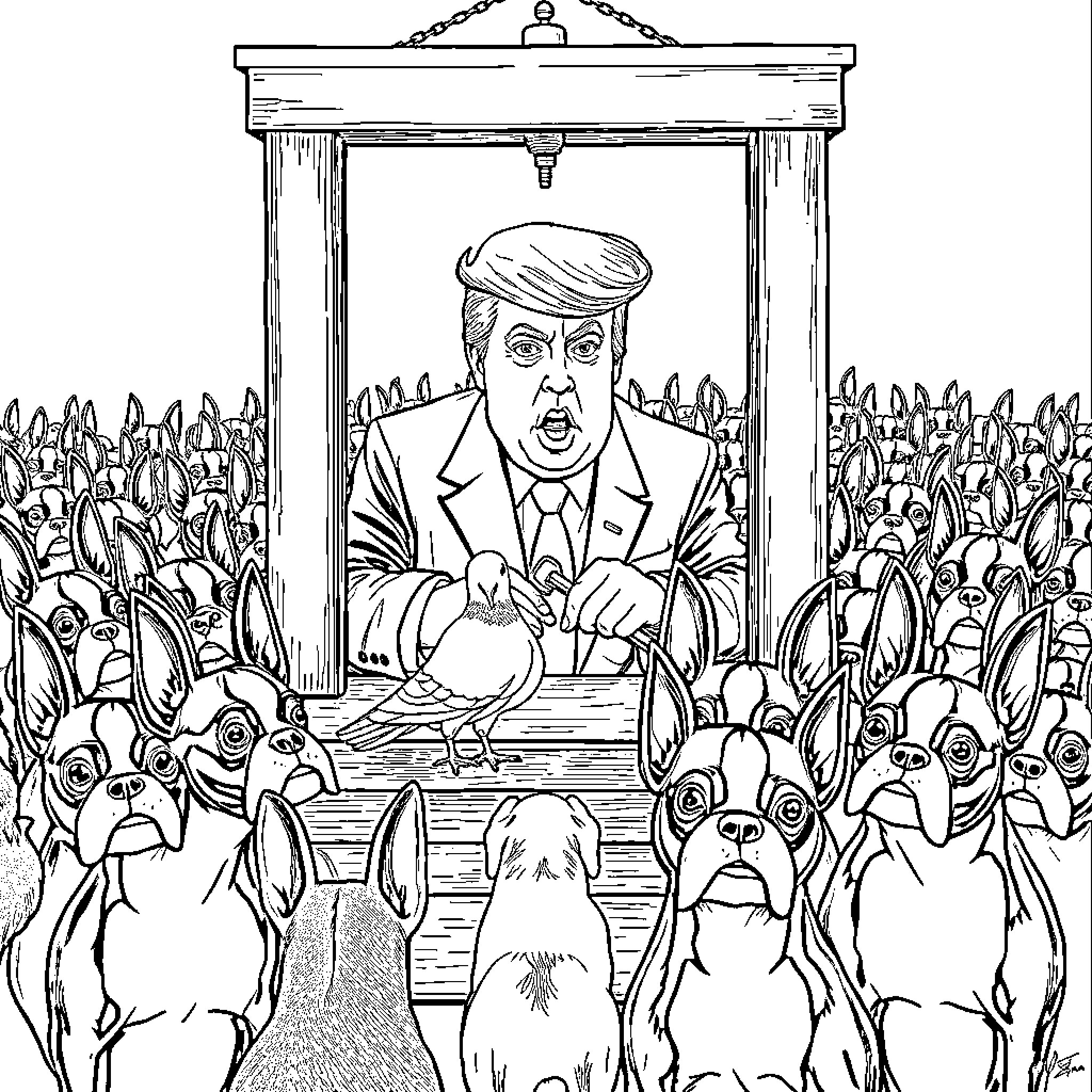 Donald Trump Addressing a Crowd of Bostonian Terriers Coloring Page (free black-and-white line drawing printable PDF for all, from beginners to advanced learners, including children, teens, adults, and seniors)