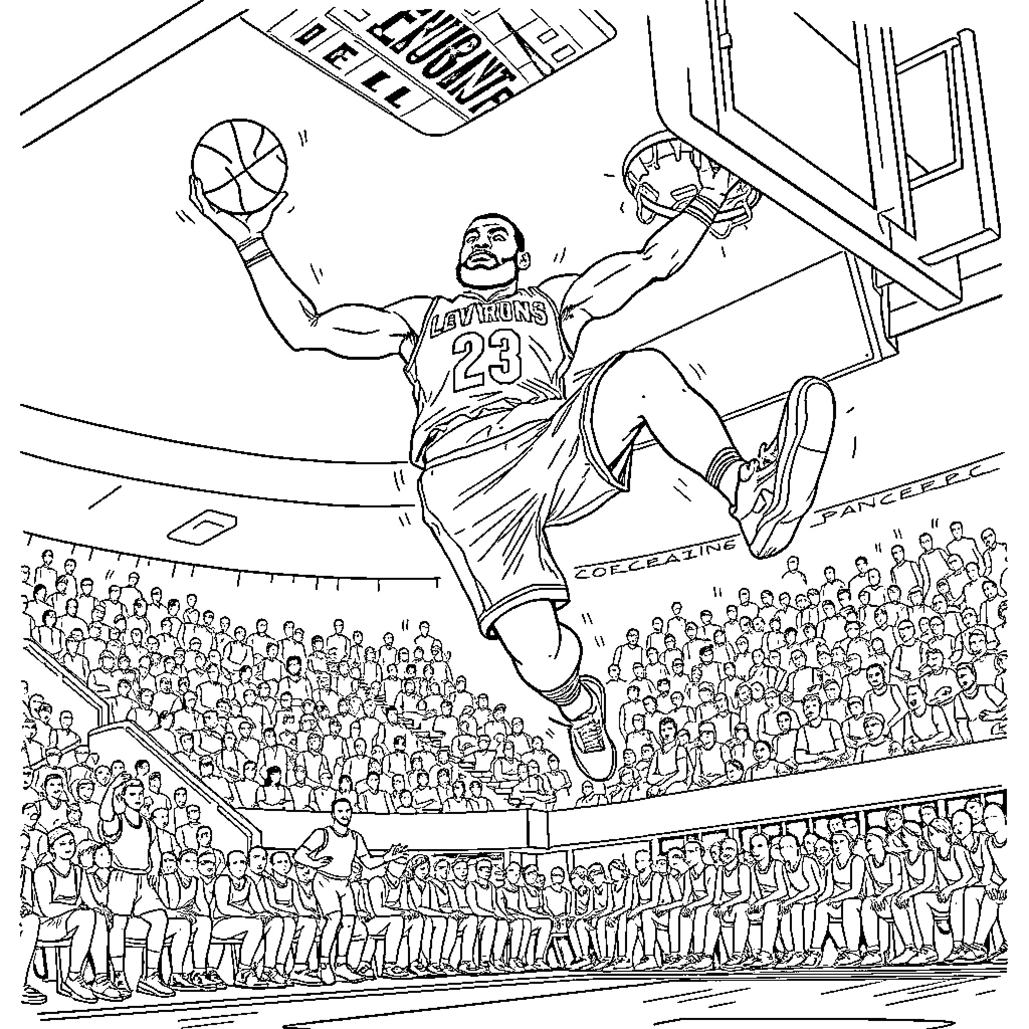 LeBron Dominates the Basketball Court with Crowd Cheering Coloring Page (free black-and-white line drawing printable PDF for all, from beginners to advanced learners, including children, teens, adults, and seniors)