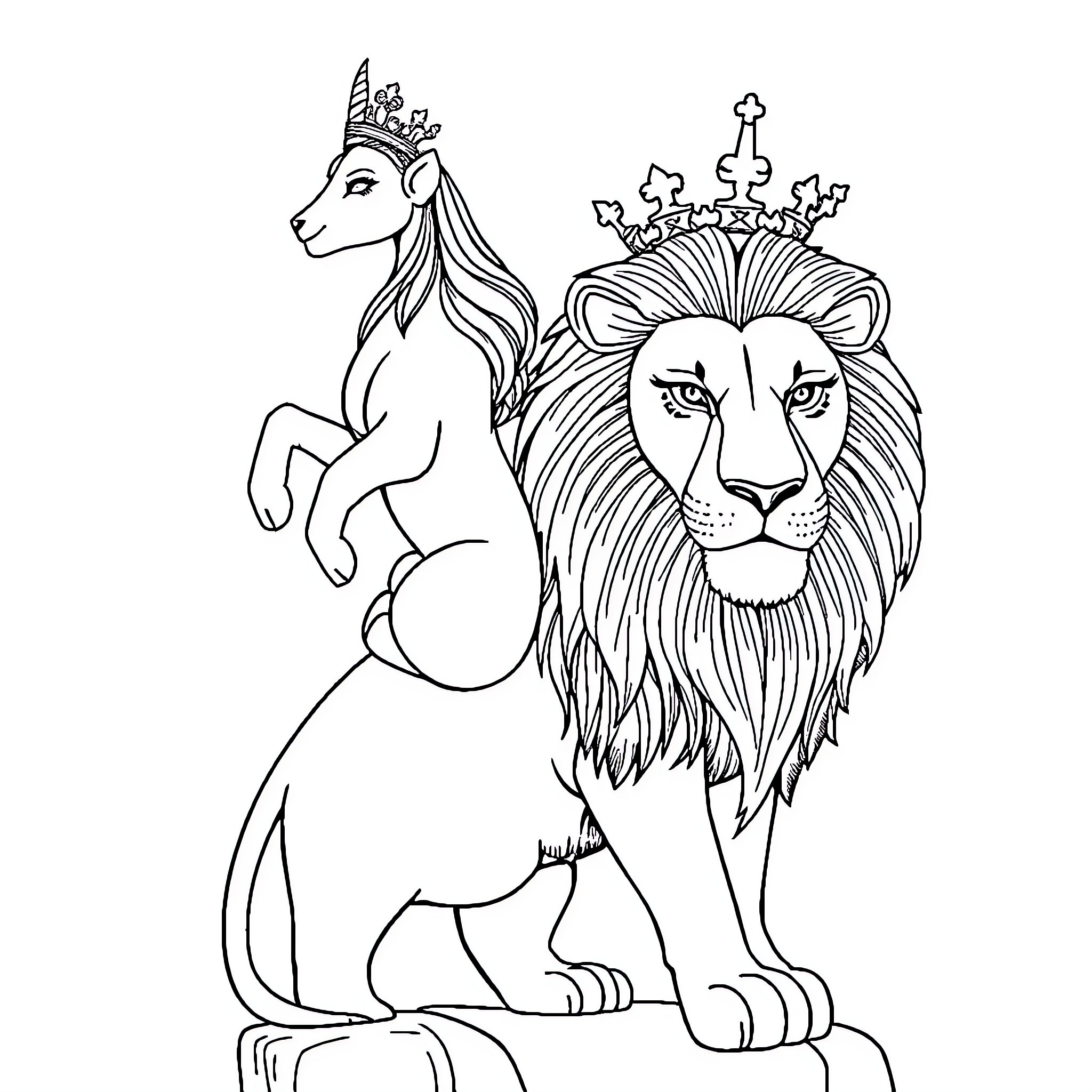 Unicorn and Lion with Crowns in Regal Pose Coloring Page (free black-and-white line drawing printable PDF for all, from beginners to advanced learners, including children, teens, adults, and seniors)