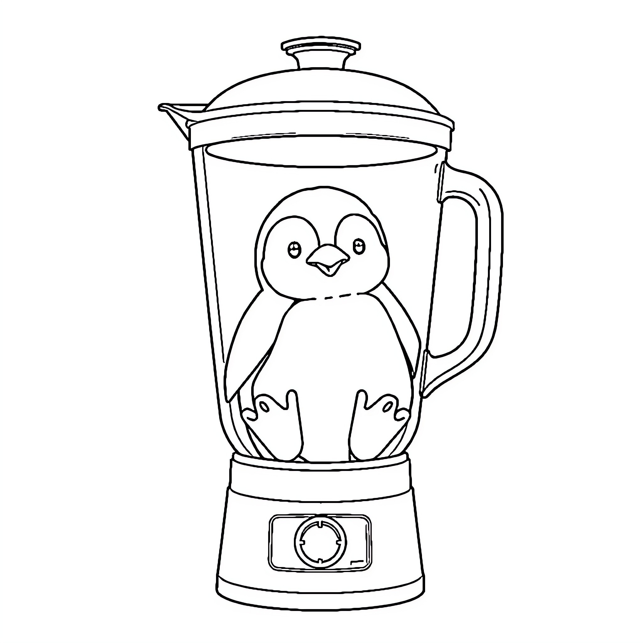 Penguin enjoying a blender ride Coloring Page (free black-and-white line drawing printable PDF for all, from beginners to advanced learners, including children, teens, adults, and seniors)