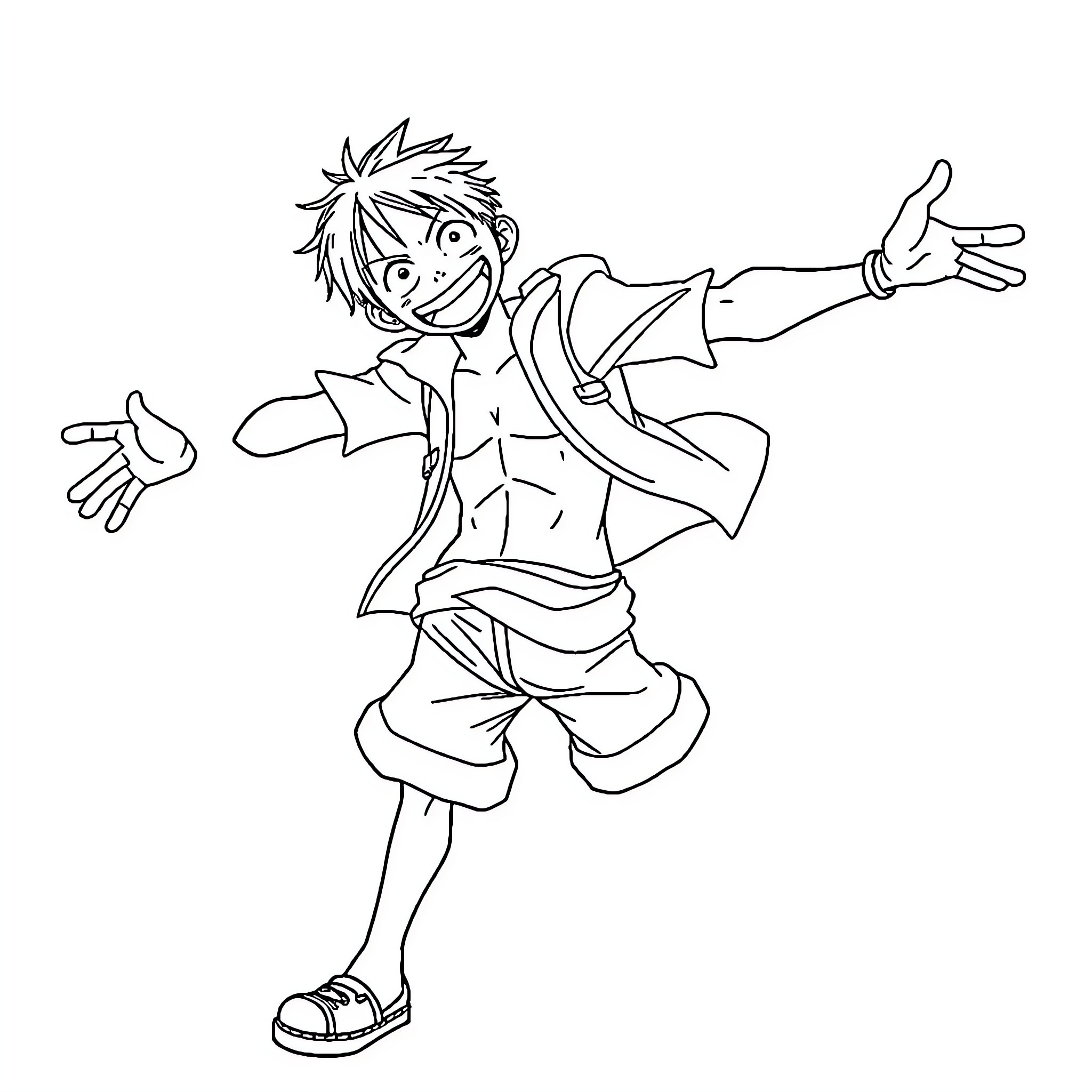 Luffy's Joyful Antics in Anime-Inspired Outfit Coloring Page (free black-and-white line drawing printable PDF for all, from beginners to advanced learners, including children, teens, adults, and seniors)