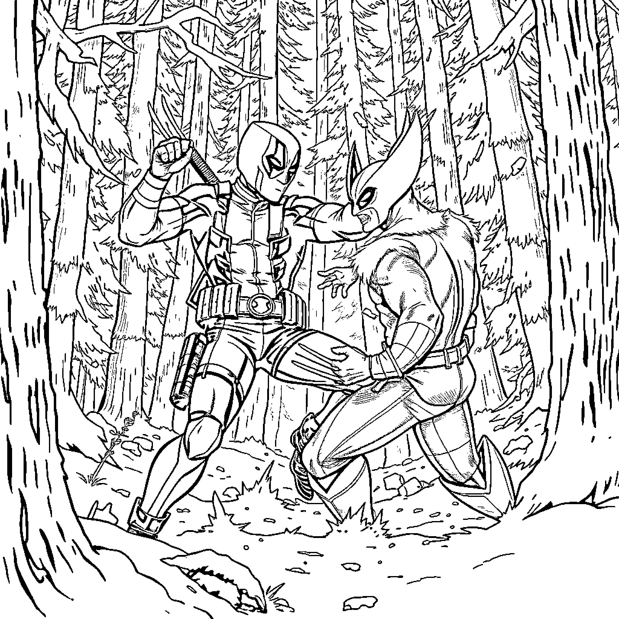 Deadpool's Woodland Adventure Coloring Page (free black-and-white line drawing printable PDF for all, from beginners to advanced learners, including children, teens, adults, and seniors)