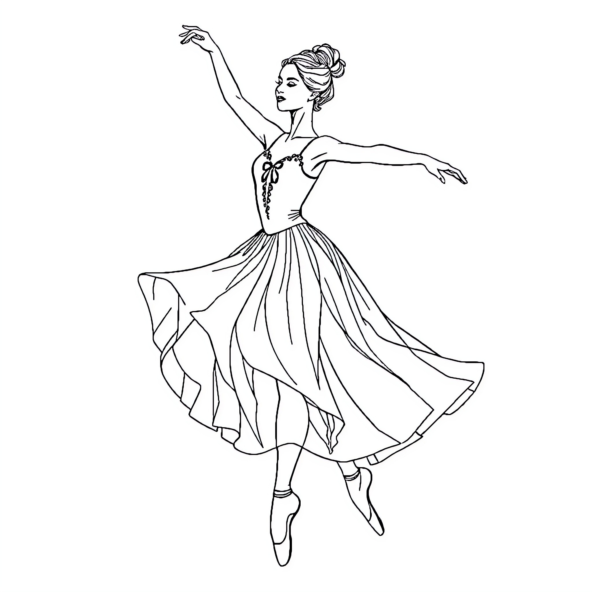 Ballerina Gracefully Dancing on Toes Coloring Page (free black-and-white line drawing printable PDF for all, from beginners to advanced learners, including children, teens, adults, and seniors)
